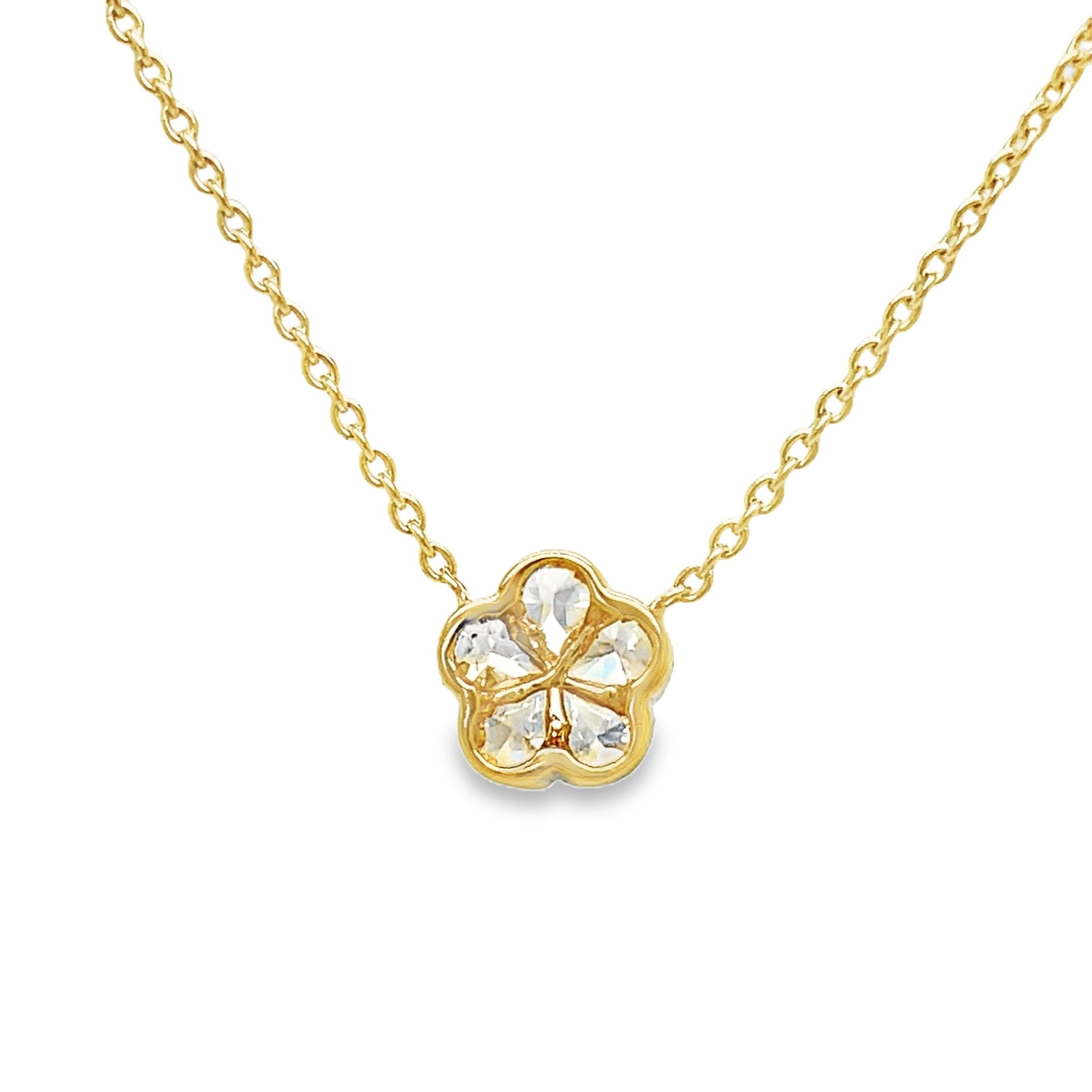 Elevate your style with our Fancy Yellow Diamond Flower Pendant Necklace. This exquisite piece features 0.66 cts of fancy yellow diamonds set in a delicate flower motif, all crafted in 18k yellow gold. Add a touch of luxury to any outfit with this stunning pendant necklace.