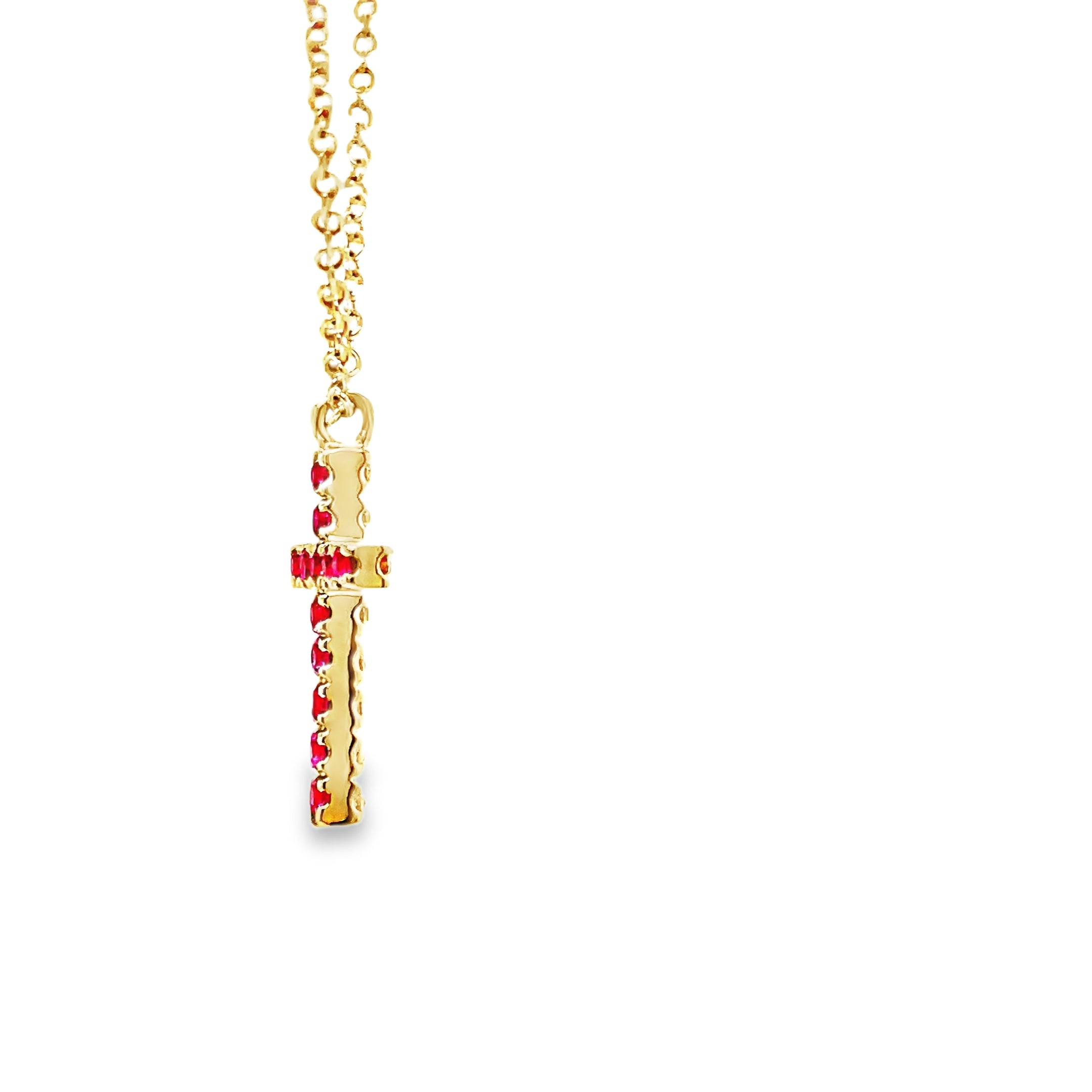 Indulge in the opulence of our 18K Italian Made Reversible Diamond &amp; Pink Sapphire Cross Pendant Necklace. Handcrafted with 18k yellow gold, this luxurious piece features a reversible cross adorned with 0.21 cts of sparkling diamonds on one side and 0.25 cts of deep pink sapphires on the other. Complete your look with the included 18" yellow gold chain. Elevate your style with this exquisite necklace.