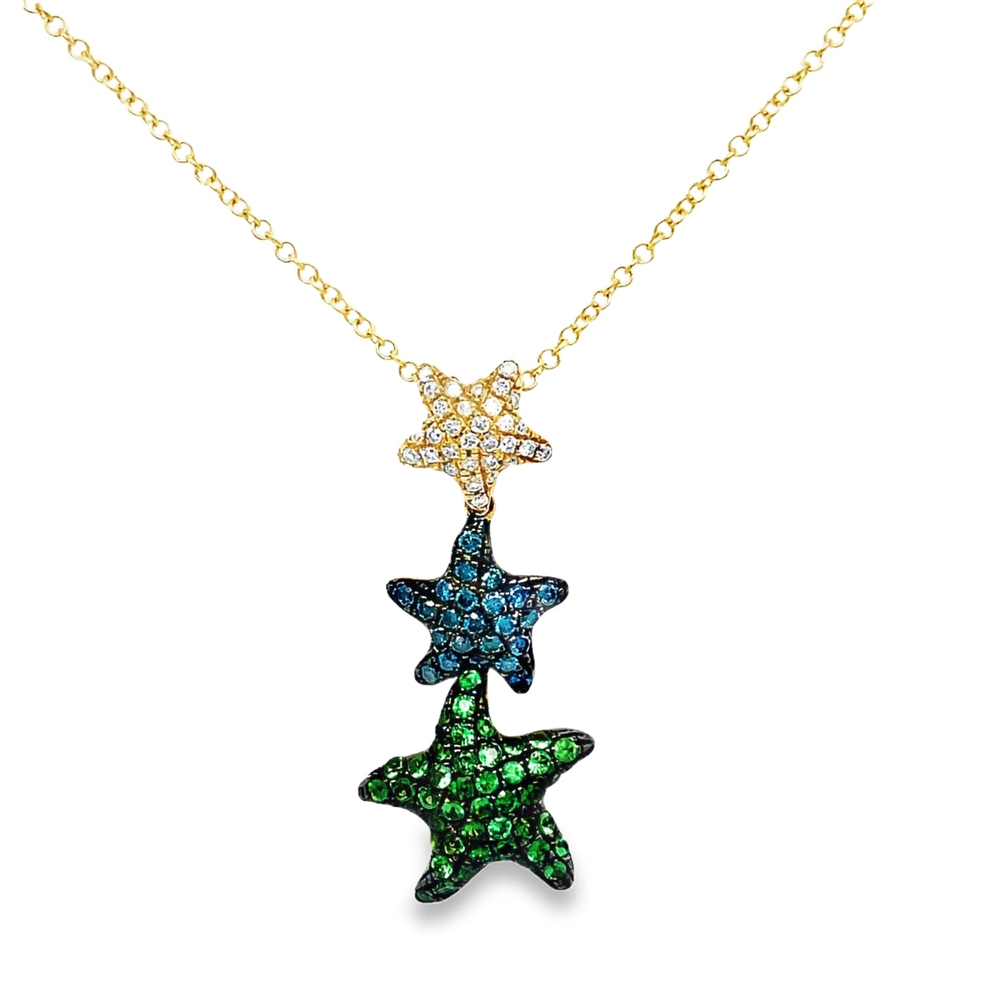 Triple Starfish Tsavorite, Sapphire and Diamond Necklace Front view