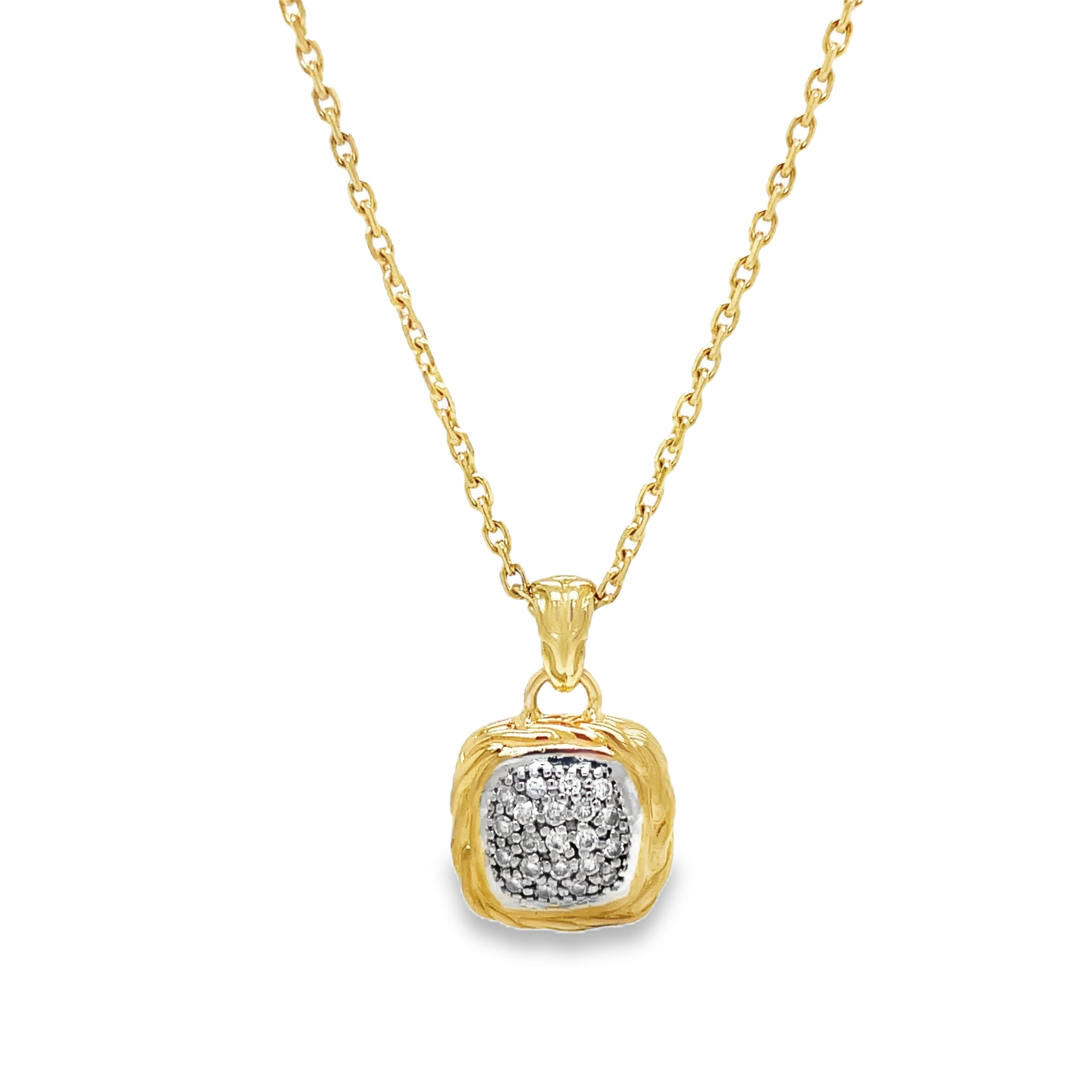 Add a touch of sophistication to your look with this John Hardy Estate Jewelry pendant. Crafted in 18k yellow gold, it features a sparkling square of round diamonds and an 18" chain with a sizing loop at 16". Elevate your style with this luxurious piece.