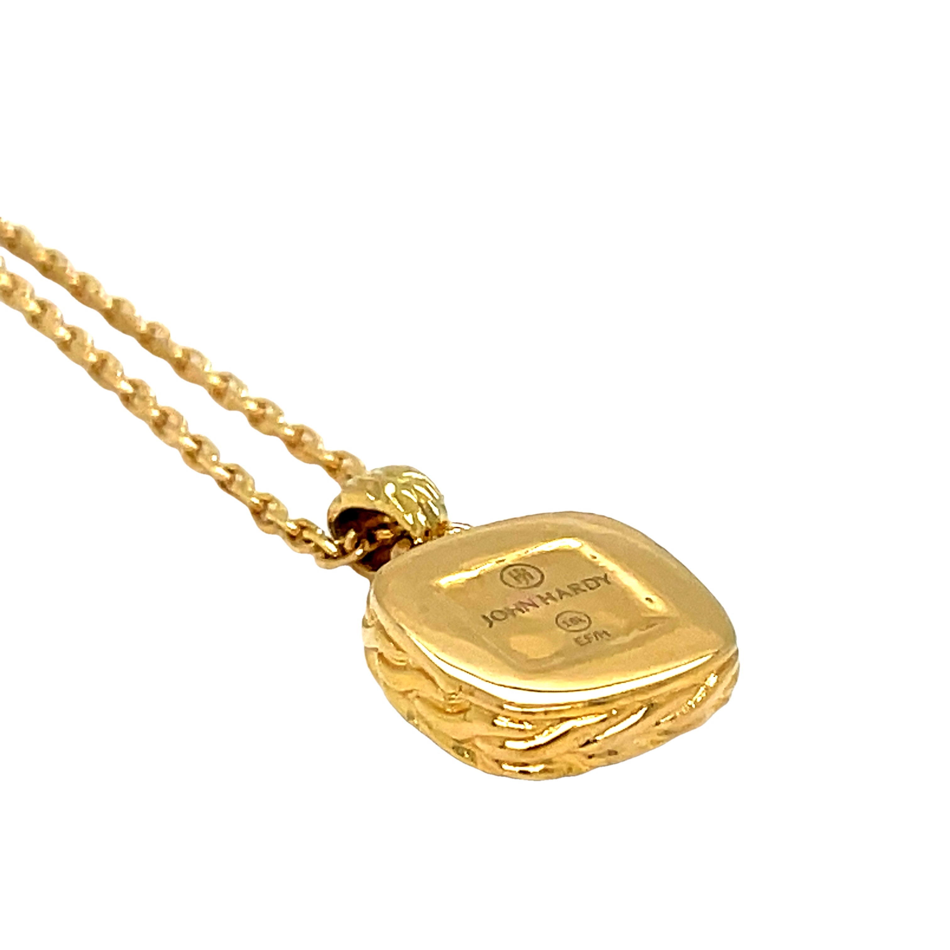 Add a touch of sophistication to your look with this John Hardy Estate Jewelry pendant. Crafted in 18k yellow gold, it features a sparkling square of round diamonds and an 18" chain with a sizing loop at 16". Elevate your style with this luxurious piece.