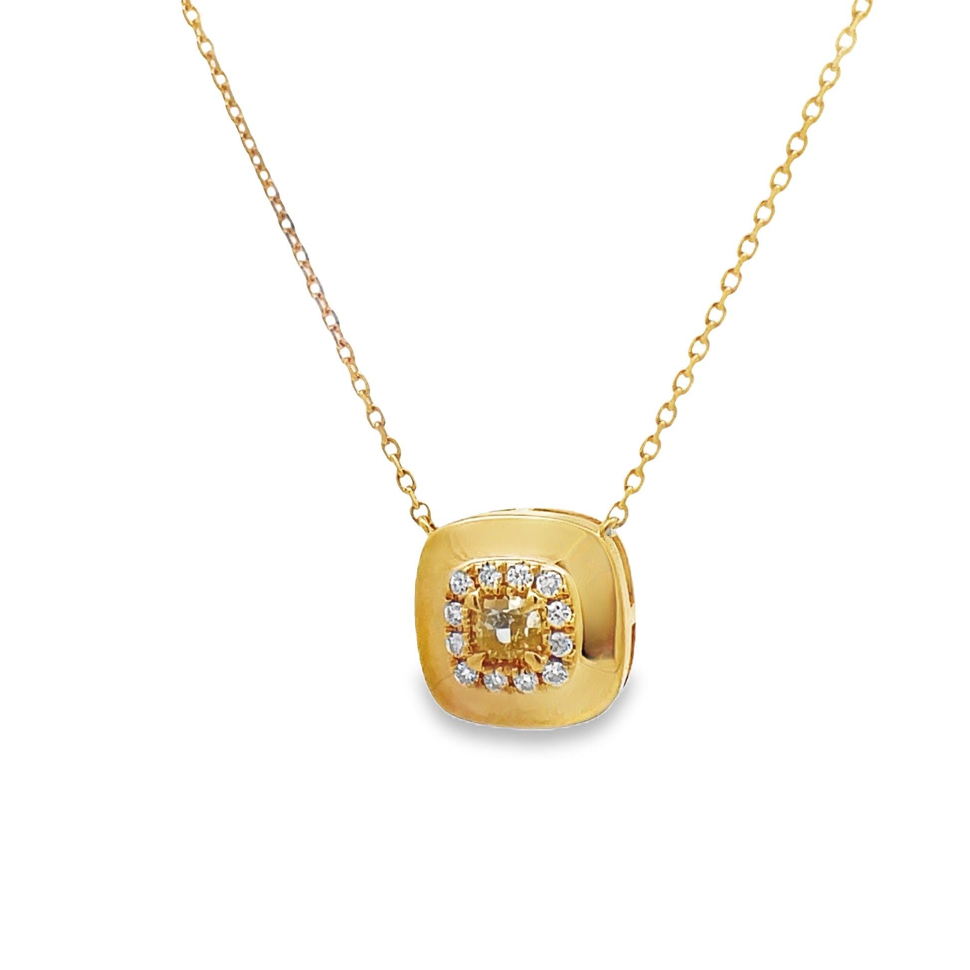 Side view of Fancy Yellow Diamond Square Pendant Necklace 0.25 cts