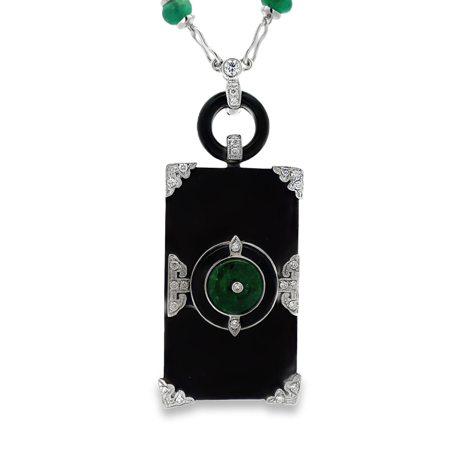 Front view of Unique 18K Emerald, Onyx & Diamond Art Deco Necklace