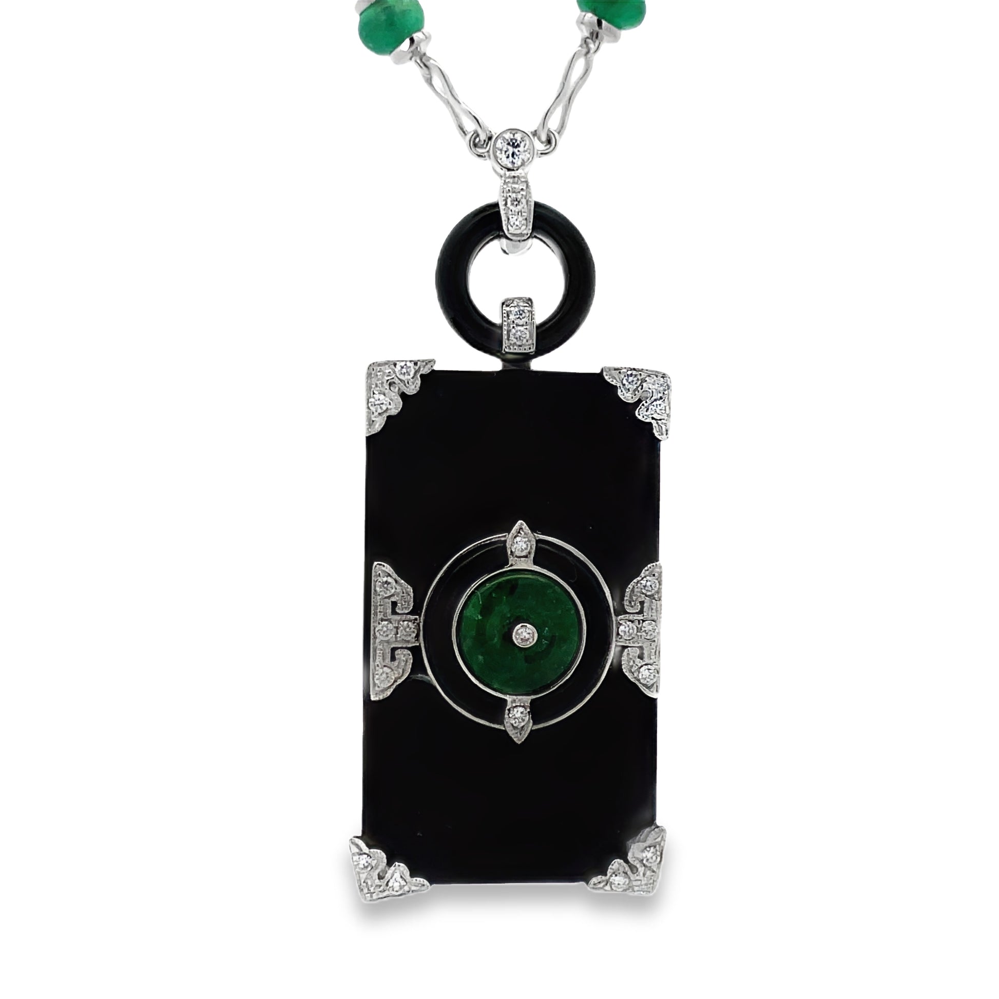 Front view of Unique 18K Emerald, Onyx & Diamond Art Deco Necklace