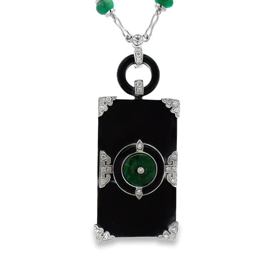 Front view of Unique 18K Emerald, Onyx & Diamond Art Deco Necklace