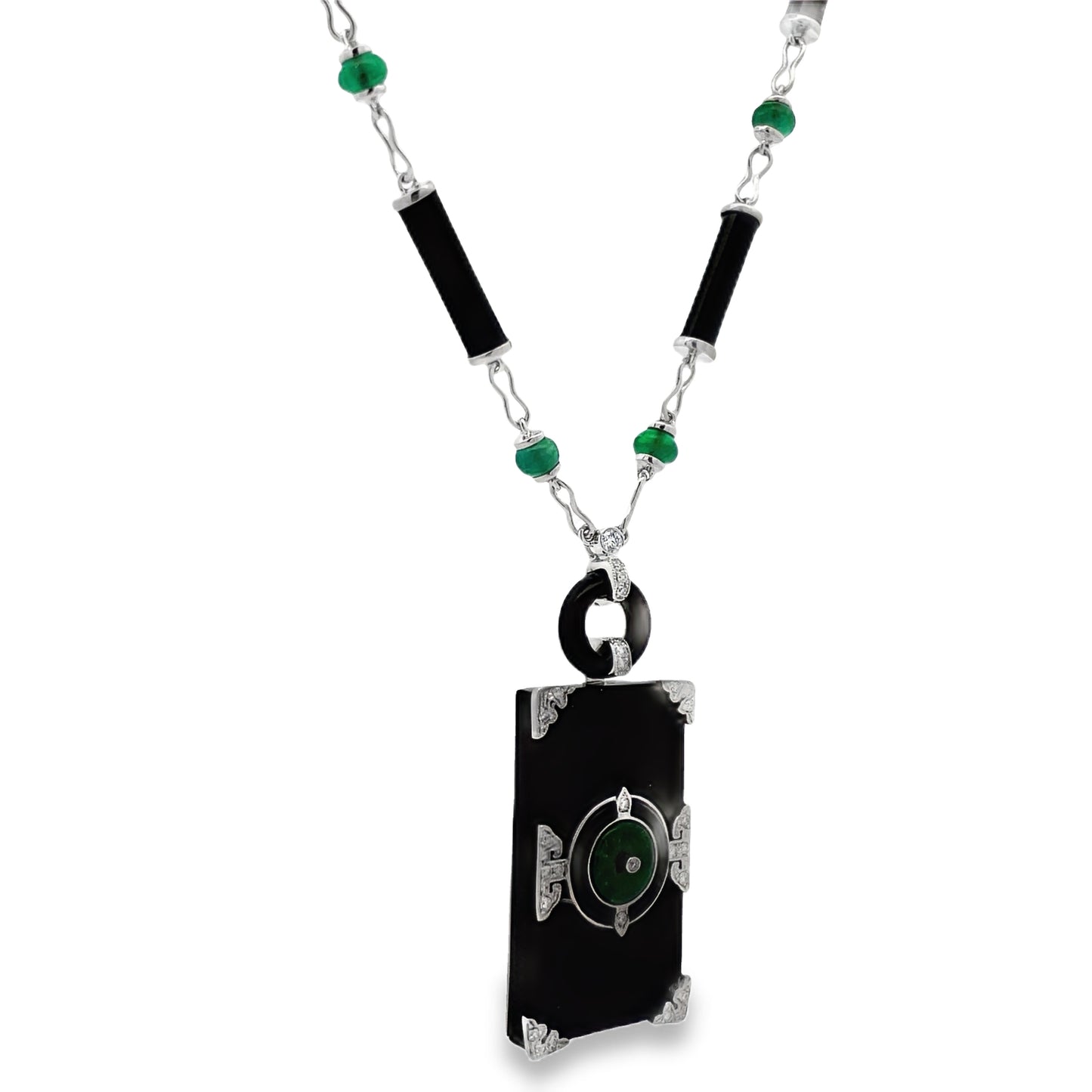 Side view of Unique 18K Emerald, Onyx & Diamond Art Deco Necklace