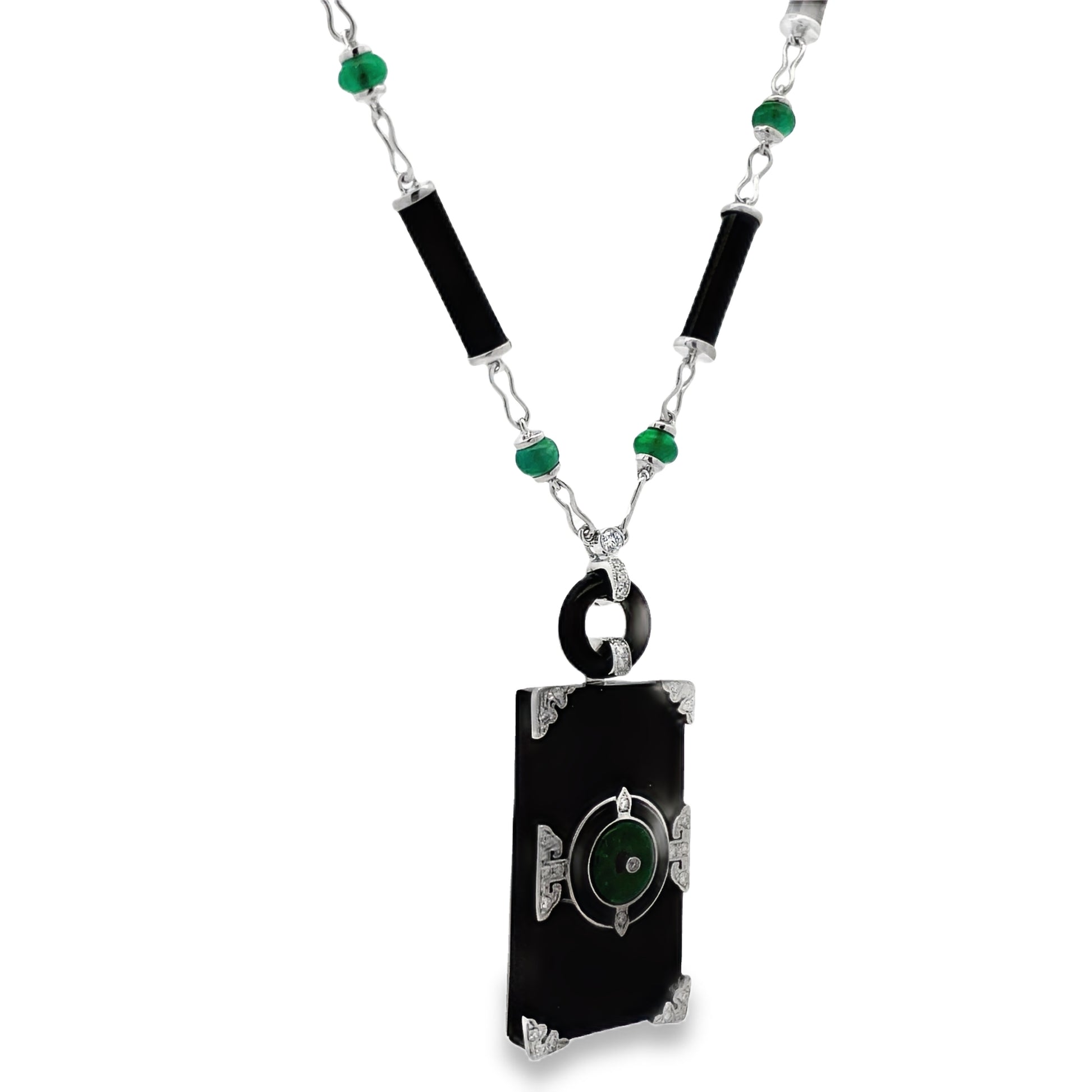 Side view of Unique 18K Emerald, Onyx & Diamond Art Deco Necklace