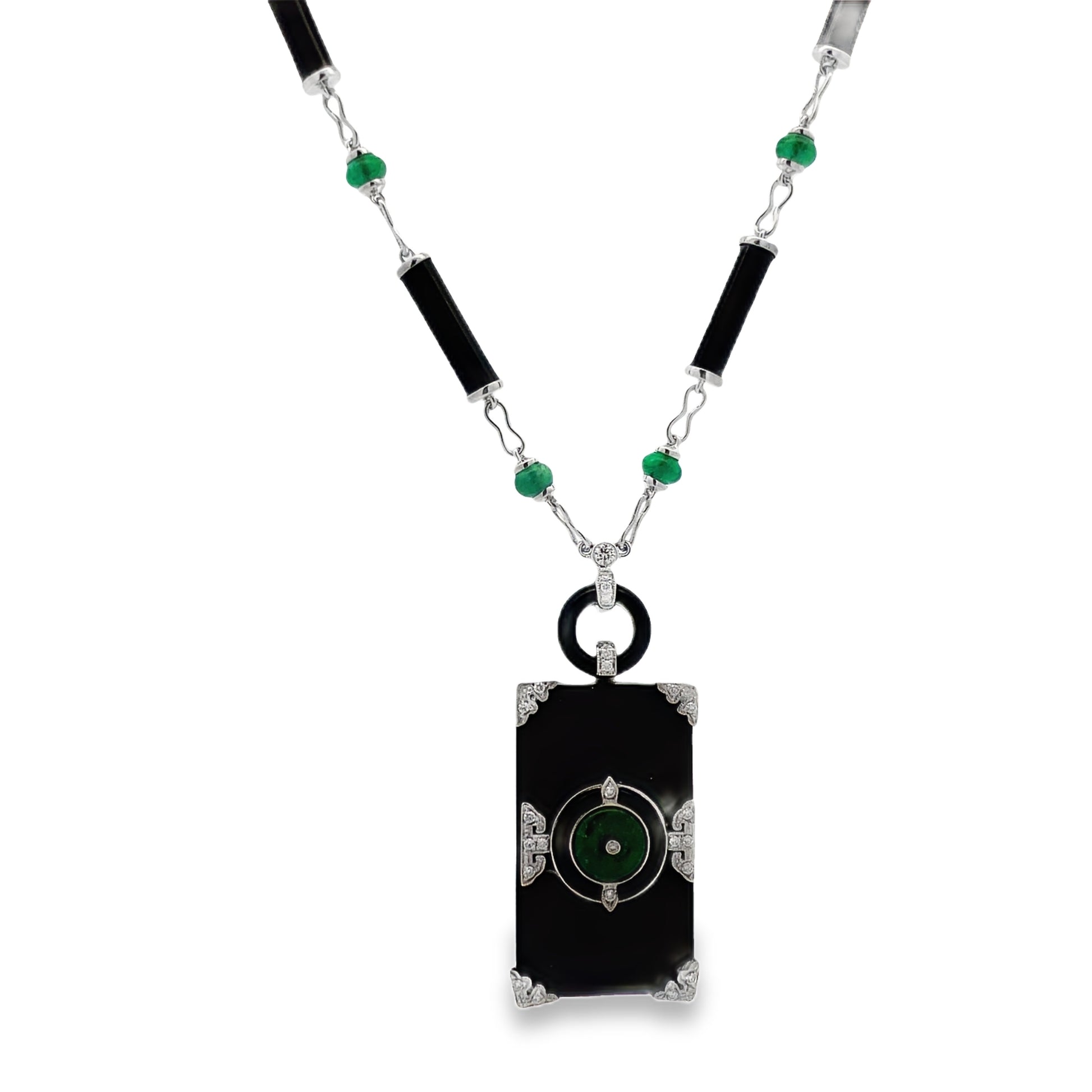 Side view of Unique 18K Emerald, Onyx & Diamond Art Deco Necklace