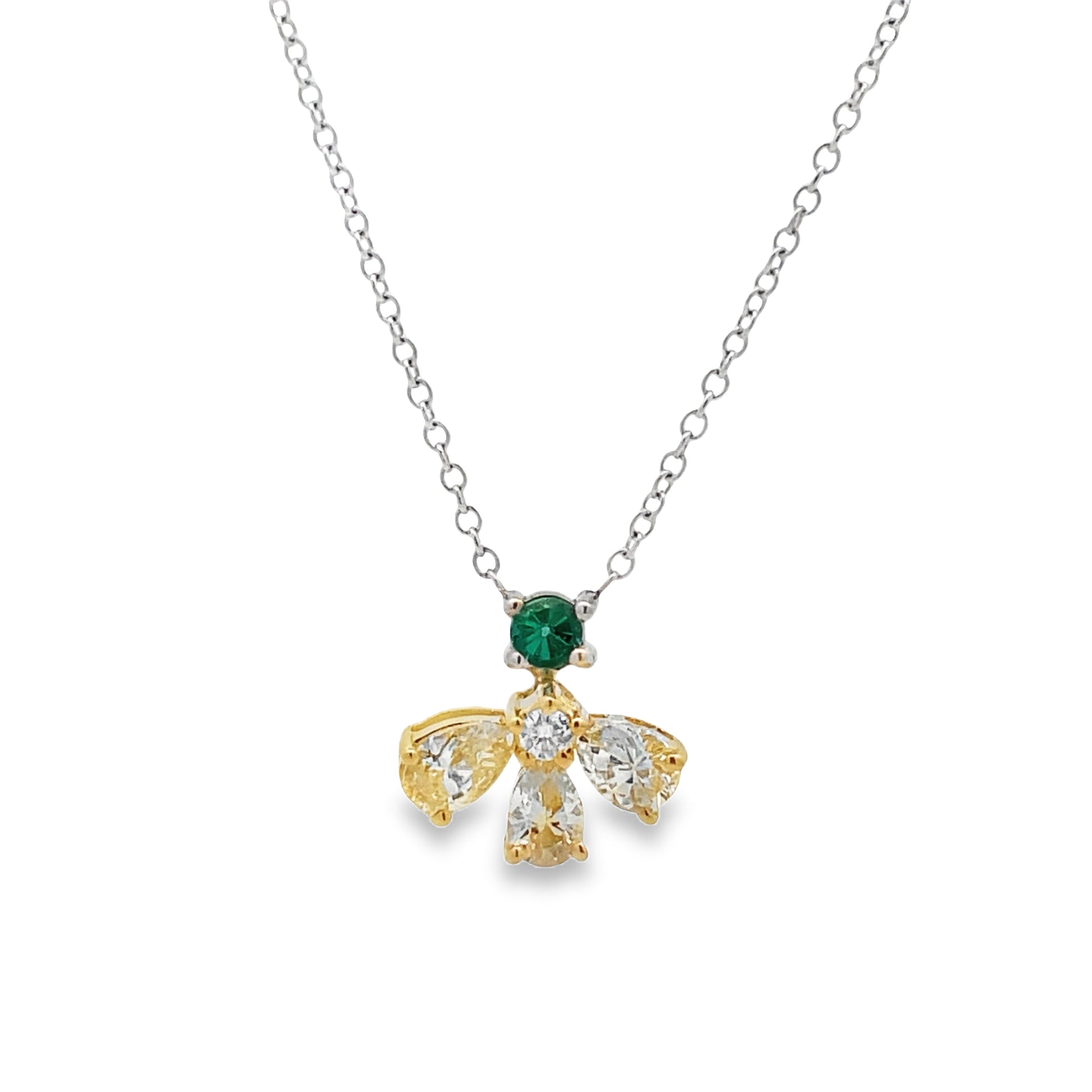 Front view of Yellow Diamond & Emerald Bee Necklace