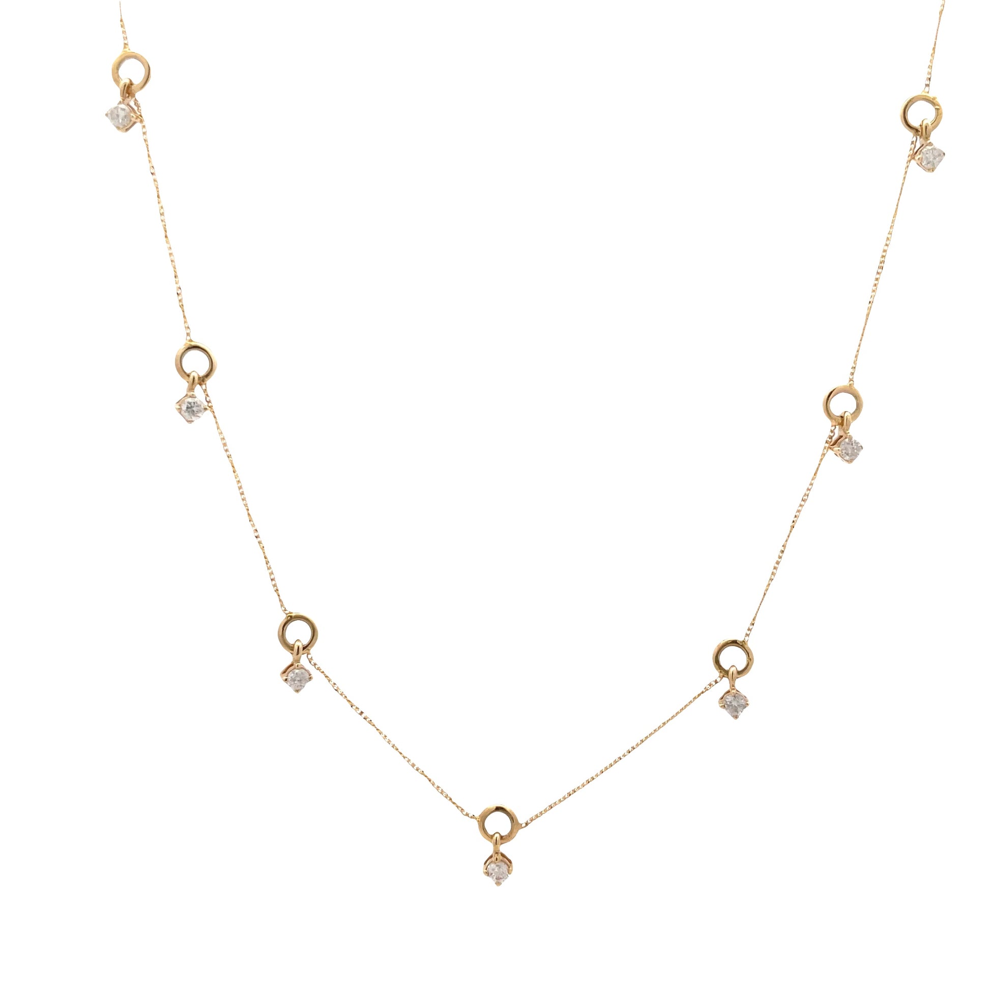 Back View of Seven Diamond Station Yellow Gold Dangling Necklace 0.30 cts