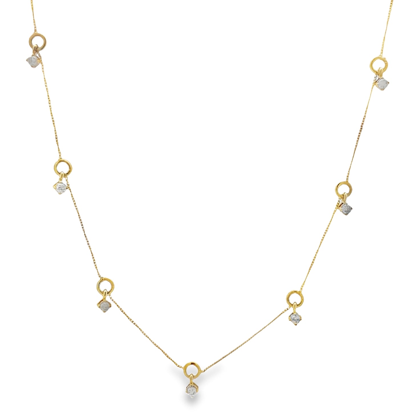 Front view of Seven Diamond Station Yellow Gold Dangling Necklace 0.30 cts
