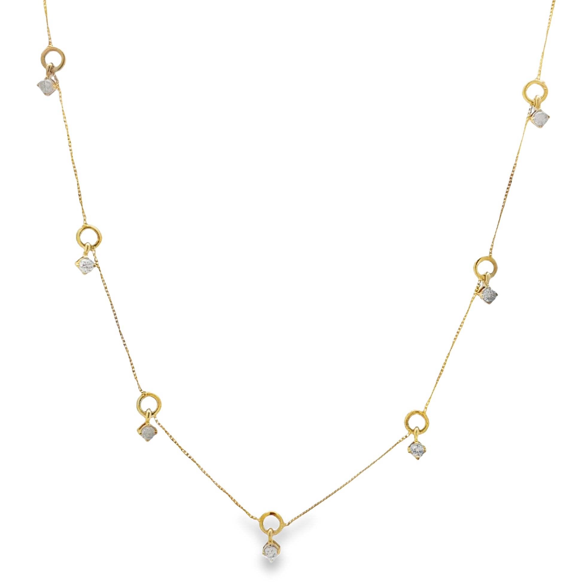 Front view of Seven Diamond Station Yellow Gold Dangling Necklace 0.30 cts