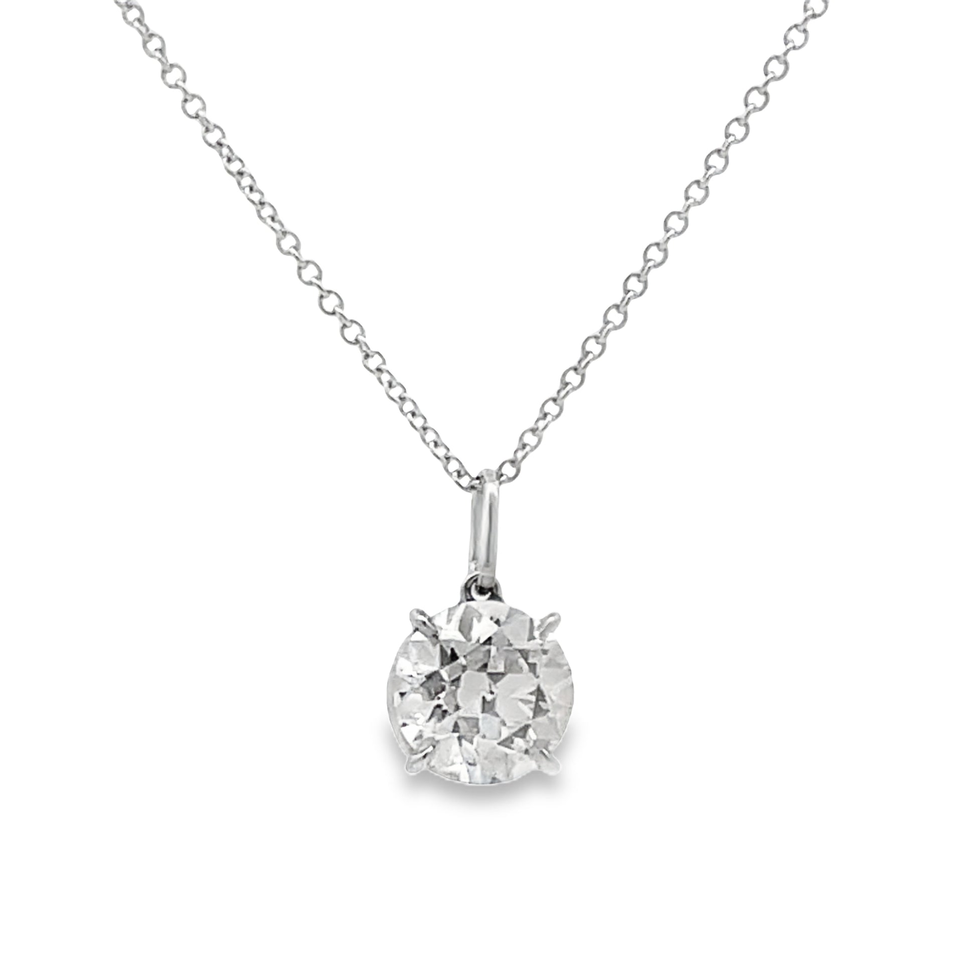 Front view of European Cut Round Diamond Solitaire Pendant Necklace 2.25 cts