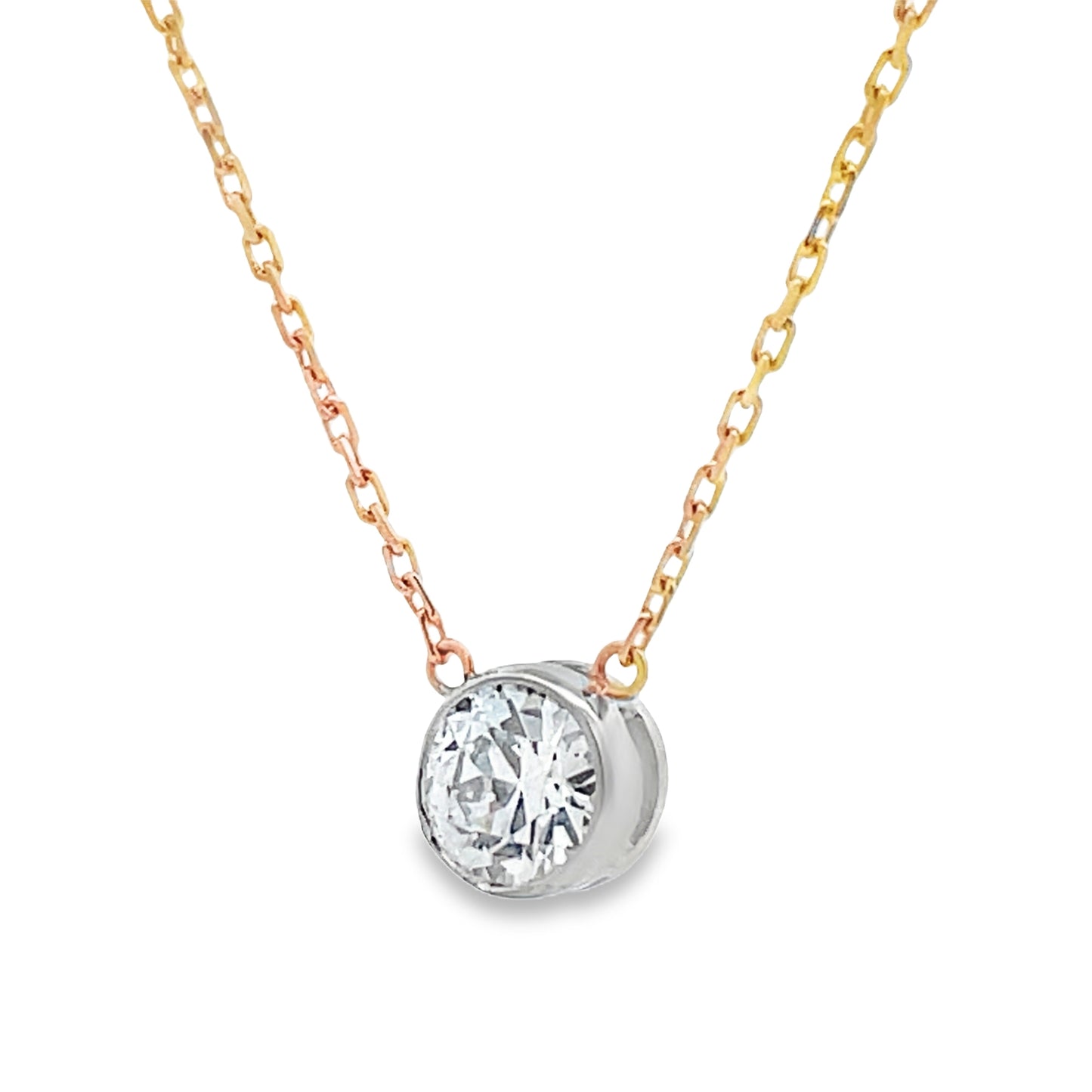 Side view of Round Diamond Solitaire Two Tone Gold Necklace 0.48 cts
