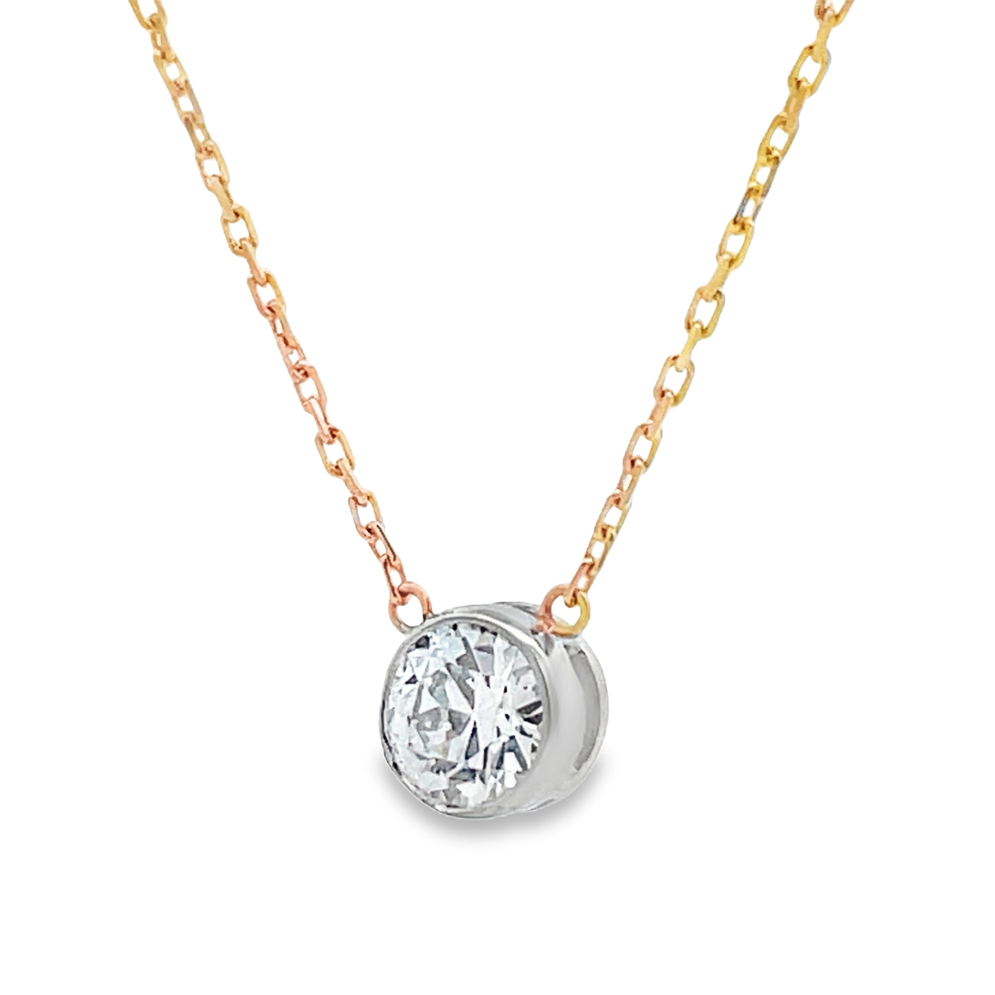 Side view of Round Diamond Solitaire Two Tone Gold Necklace 0.48 cts