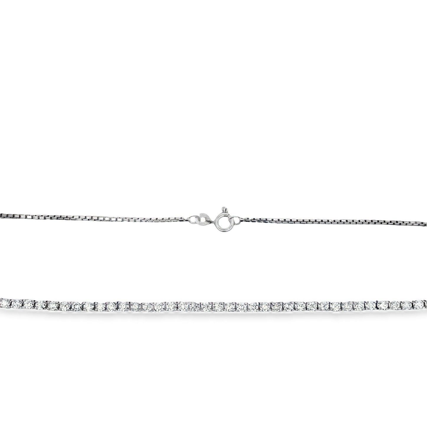 Top view of Half Diamond Tennis 18k White Gold Necklace 5.50 cts fastened