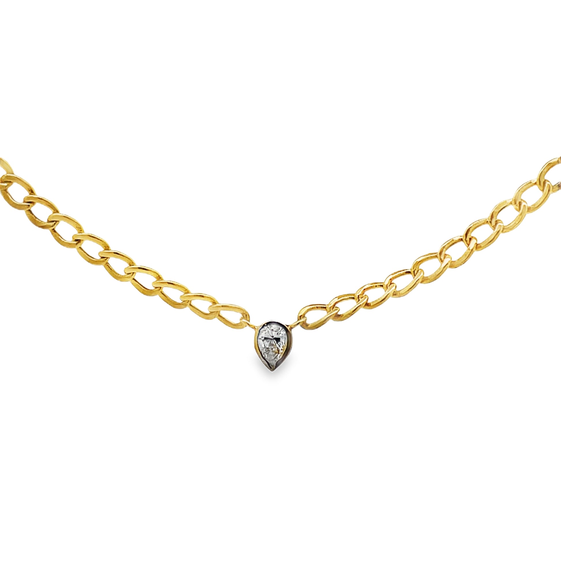 Front view of 14k Yellow Gold Pear Shape Solitaire Light Weight Necklace 0.15 cts