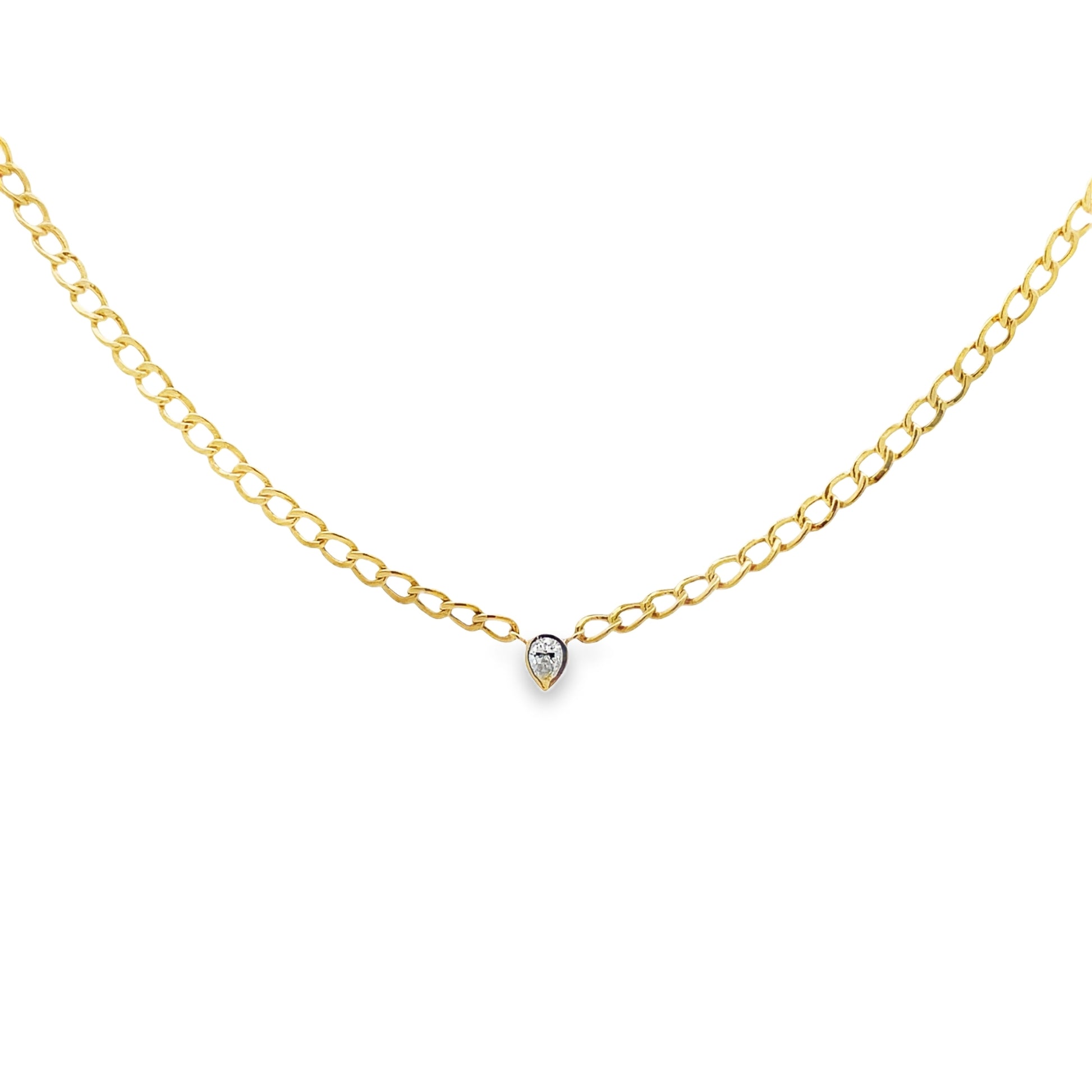 Top view of 14k Yellow Gold Pear Shape Solitaire Light Weight Necklace 0.15 cts