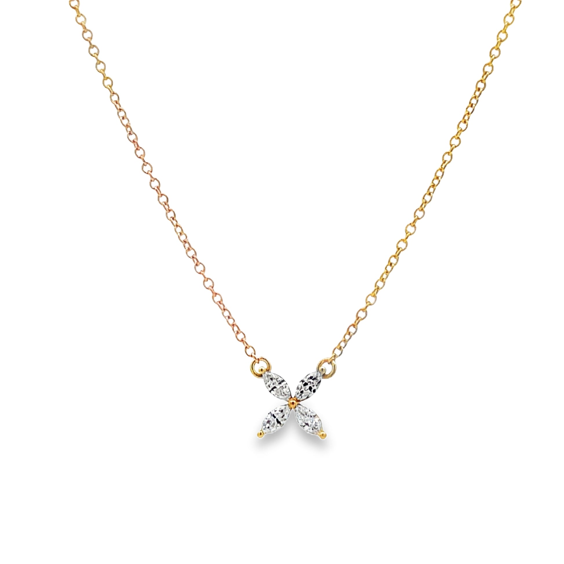 Front view of 18k Yellow Gold Four Marquise Diamond Necklace 0.22 cts 