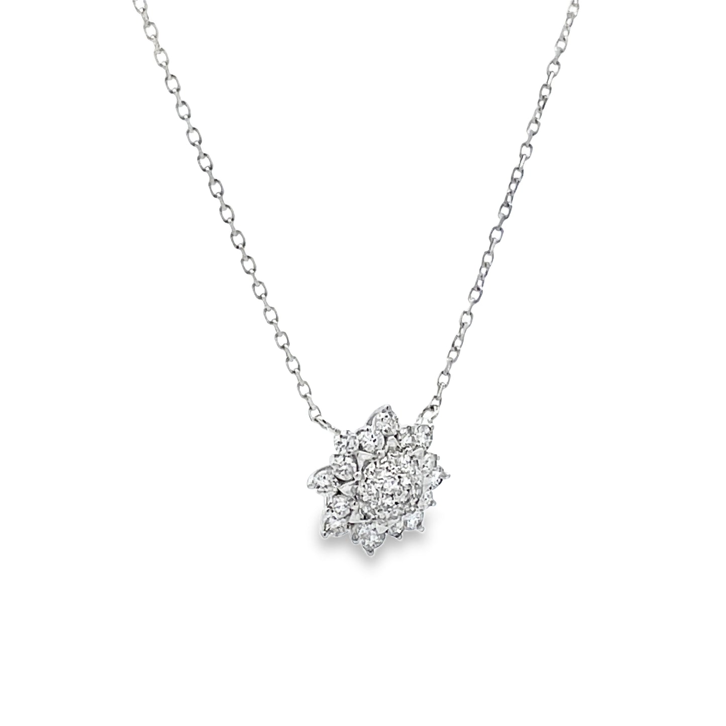 Side view of 18k White Gold Small Sunburst Diamond Pendant Necklace 