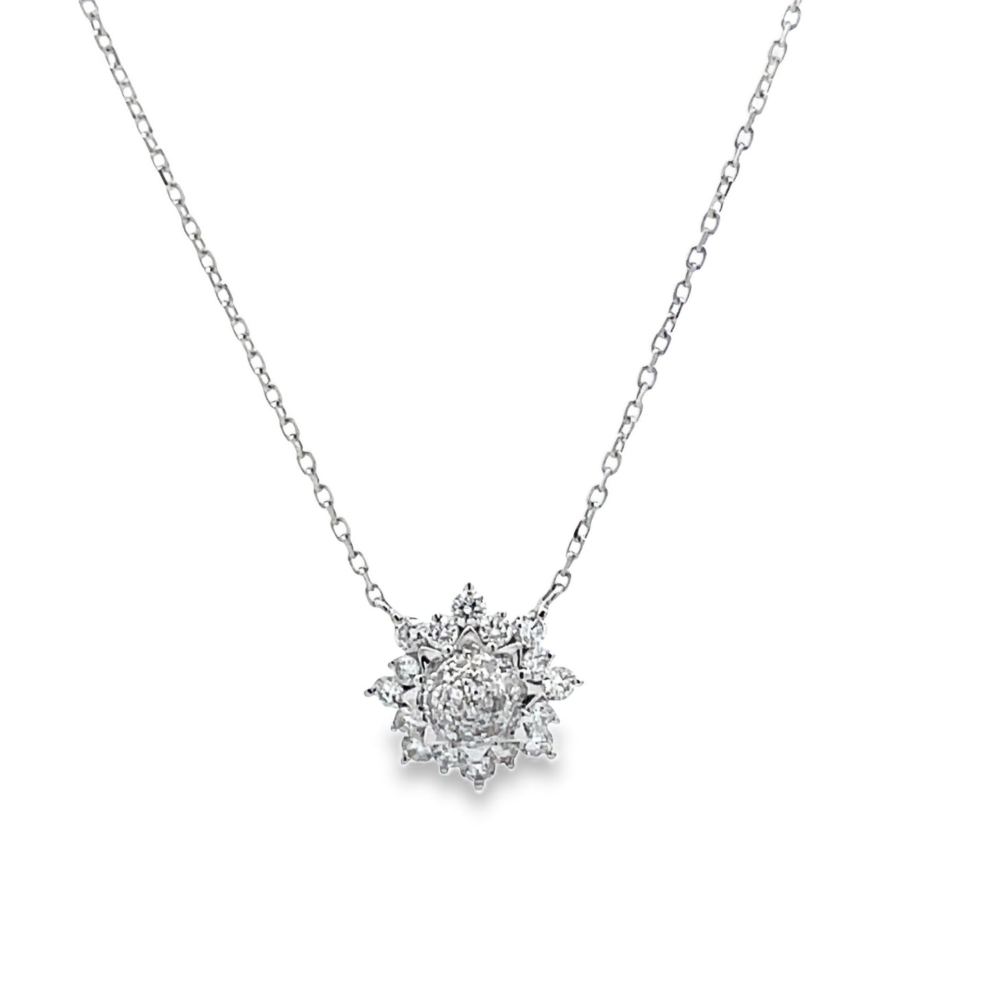 Front view of 18k White Gold Small Sunburst Diamond Pendant Necklace 