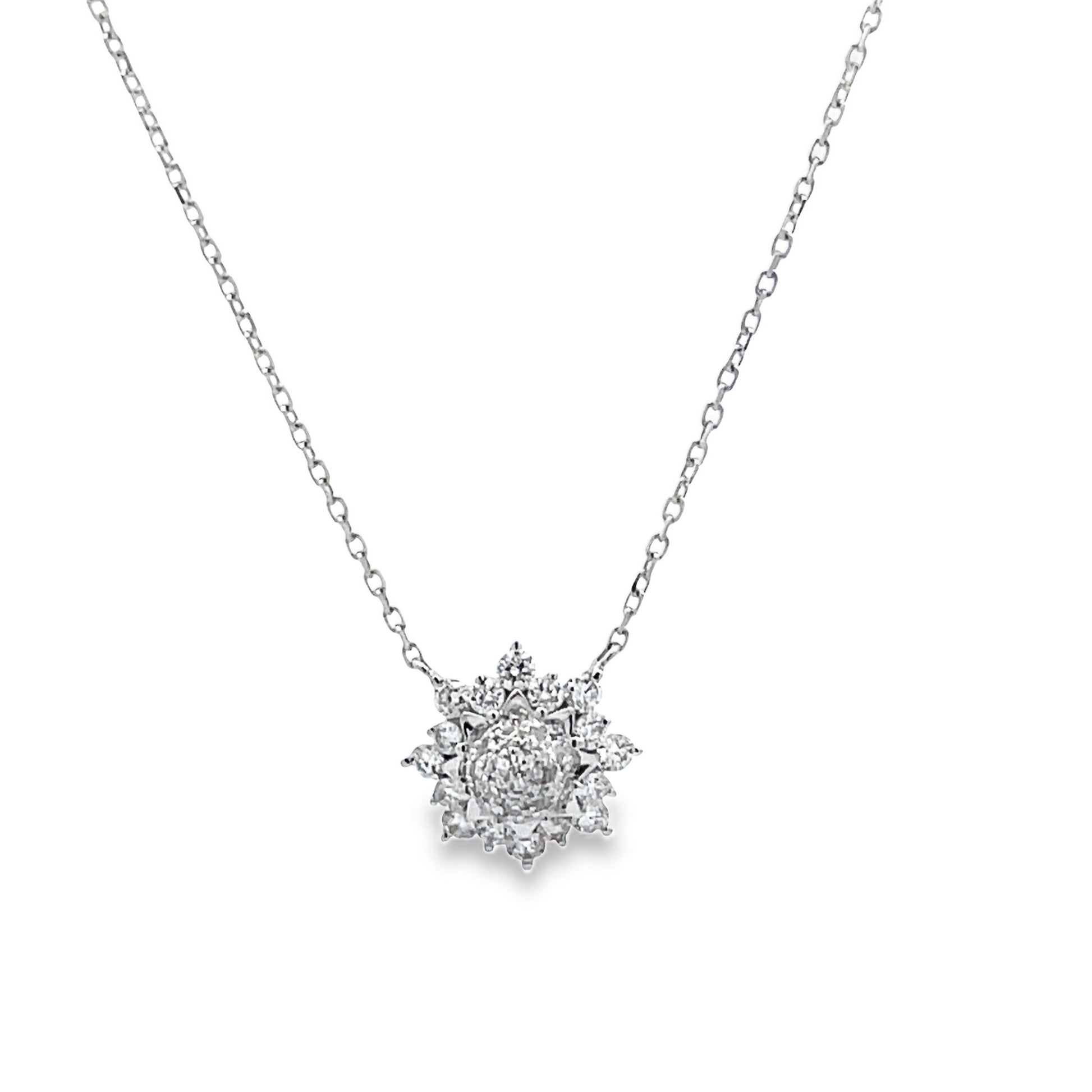 Front view of 18k White Gold Small Sunburst Diamond Pendant Necklace 