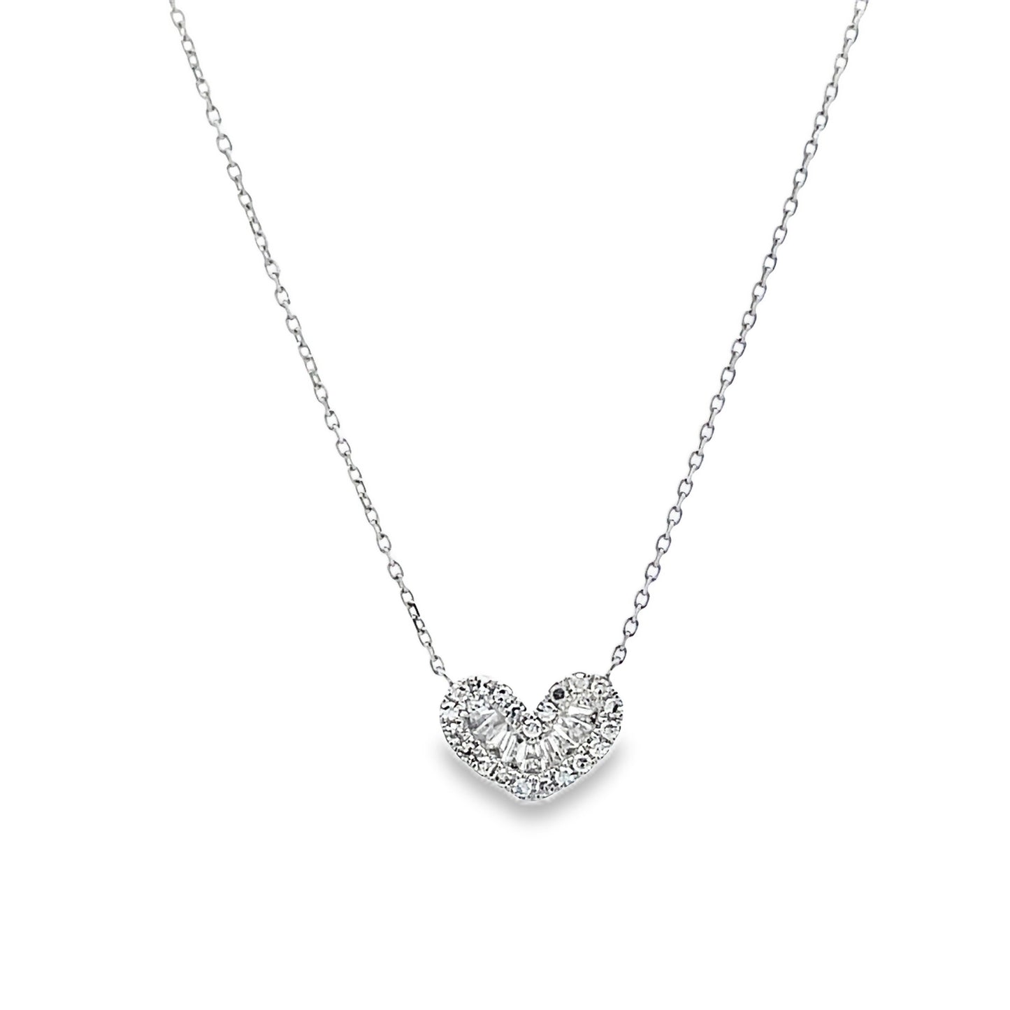 Front view of 18k White Gold Small Baguette Diamond Heart Necklace