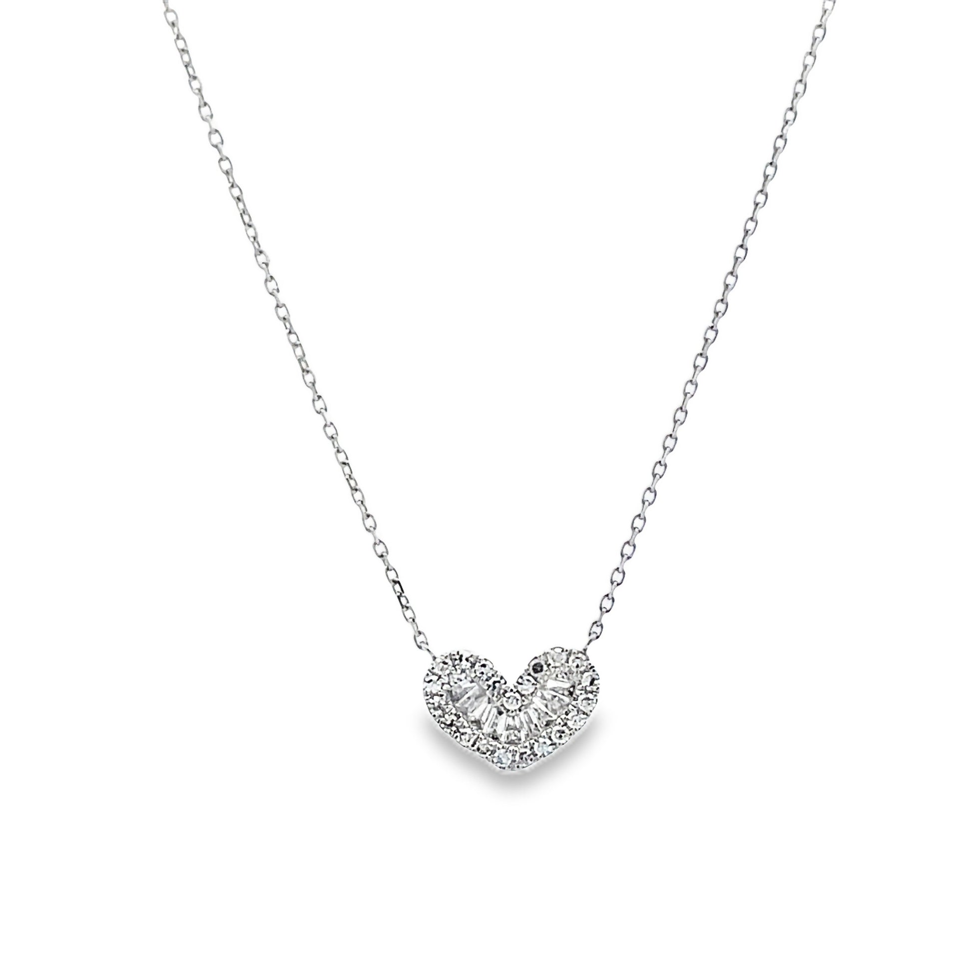 Front view of 18k White Gold Small Baguette Diamond Heart Necklace