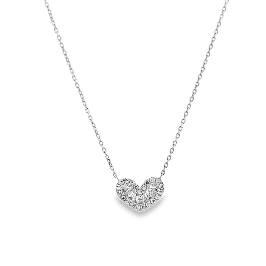 Front view of 18k White Gold Small Baguette Diamond Heart Necklace