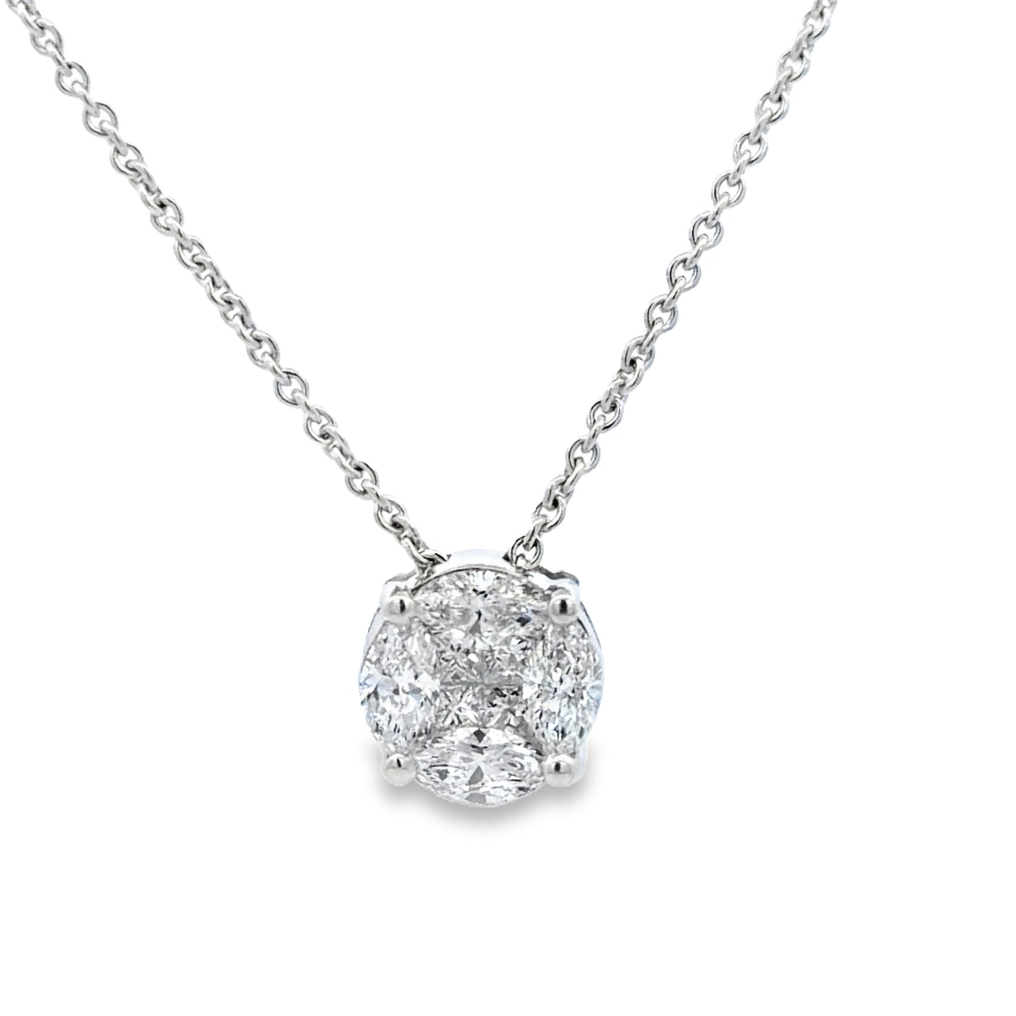 Front view of 18k White Gold Round Cut Illusion Diamond Pendant Necklace 0.90 cts