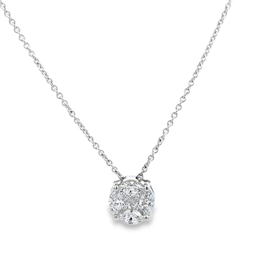 Front view of 18k White Gold Round Cut Illusion Diamond Pendant Necklace 0.90 cts