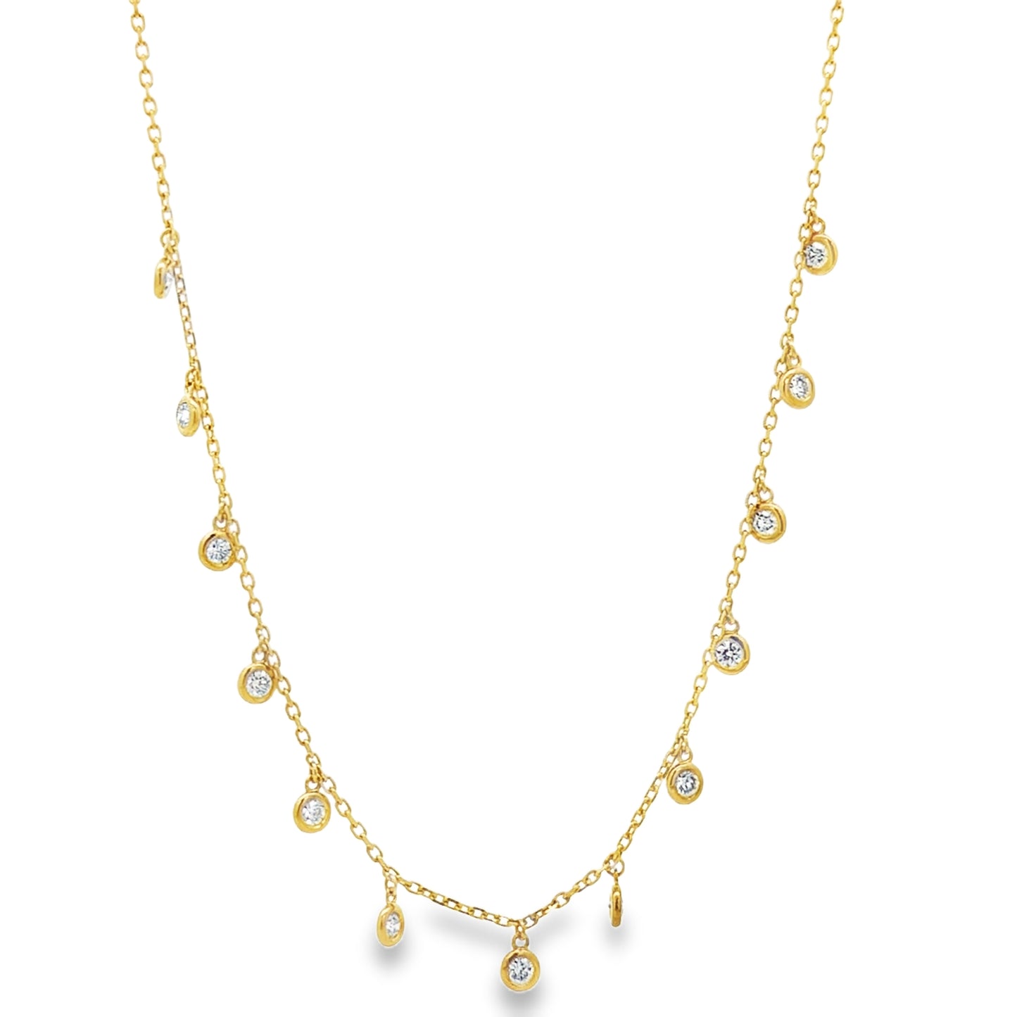 Side view of 14k Yellow Gold Bezel-Set Diamond Drop Charm Necklace