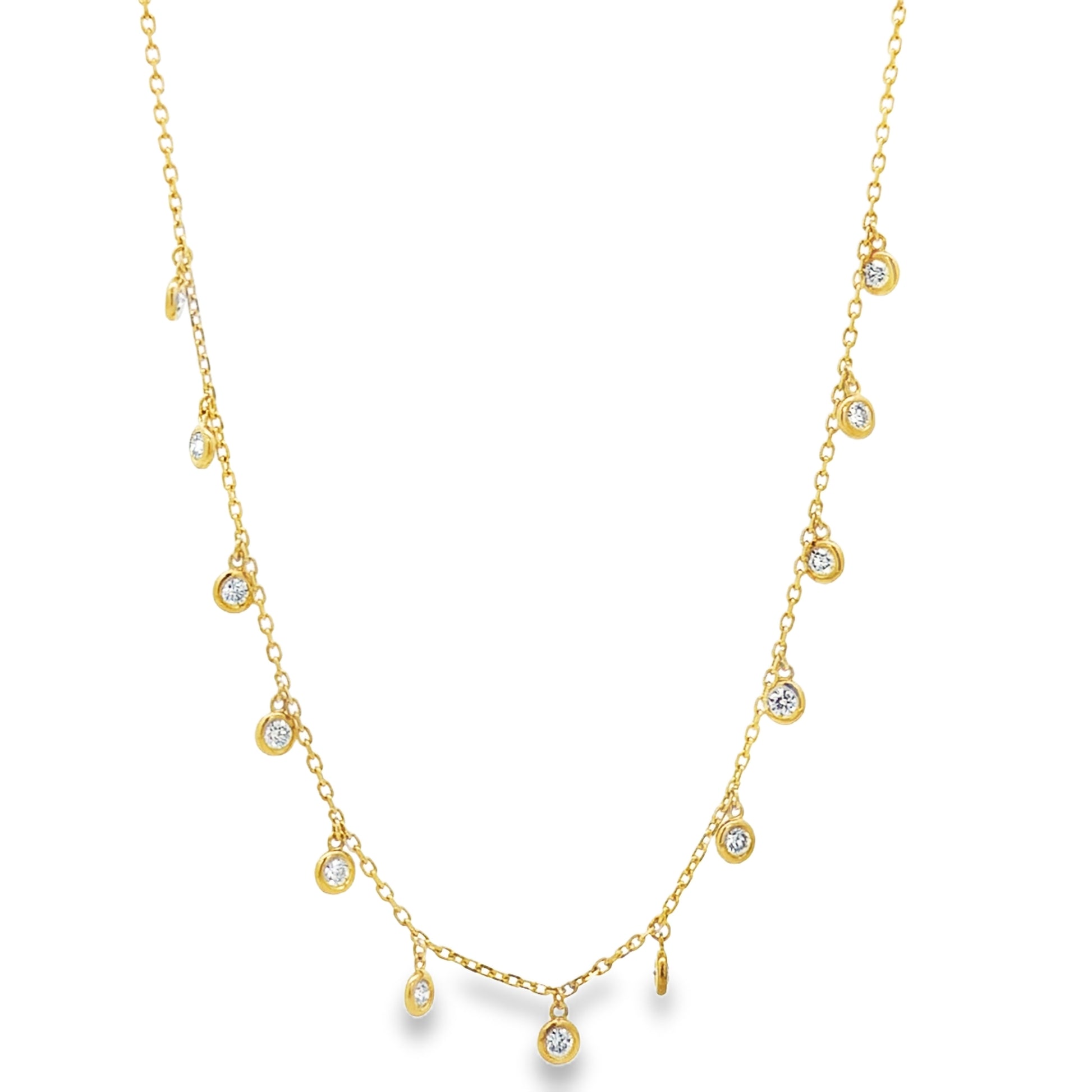 Side view of 14k Yellow Gold Bezel-Set Diamond Drop Charm Necklace