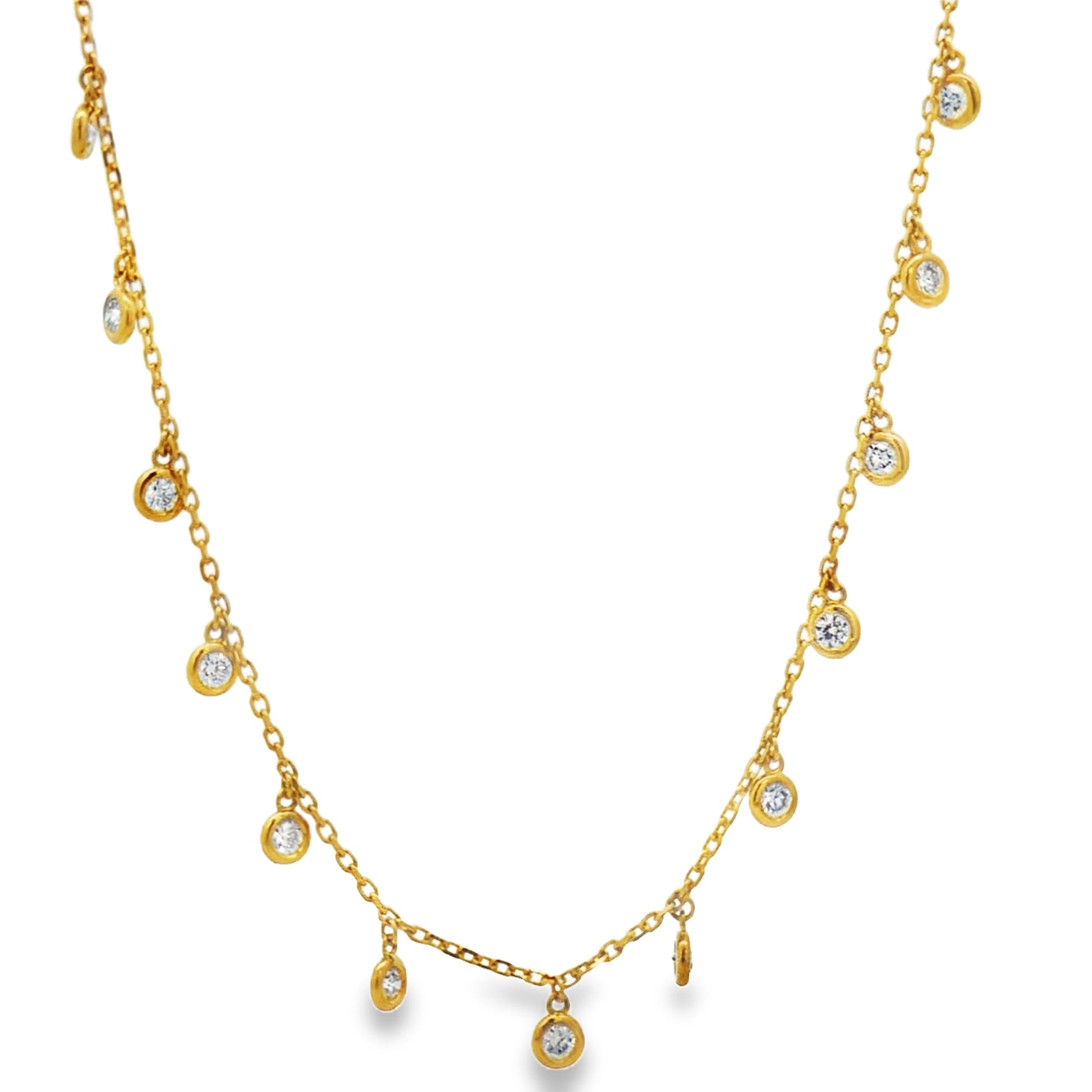 Front view of 14k Yellow Gold Bezel-Set Diamond Drop Charm Necklace
