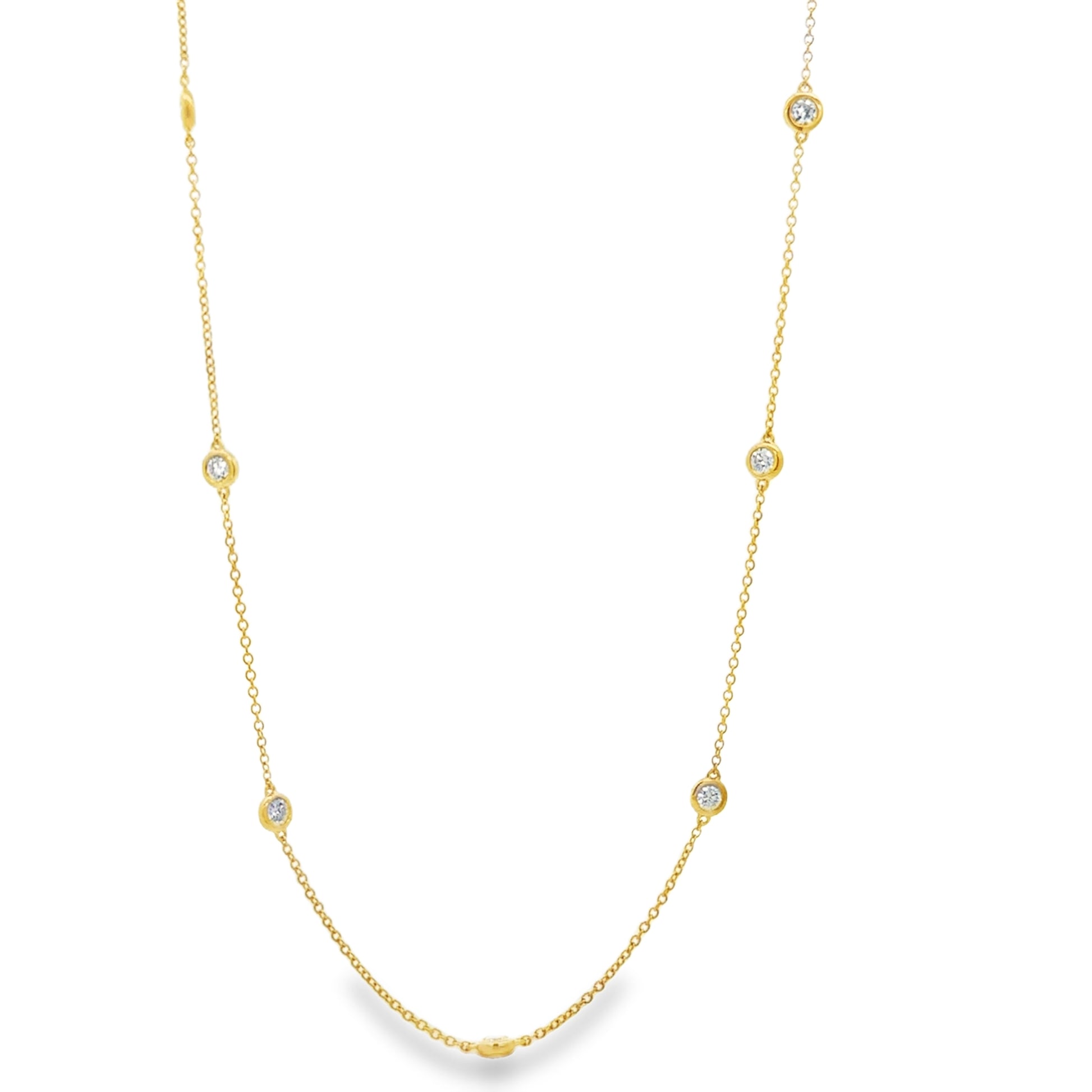 Front view of 18k Yellow Gold Bezel Set Diamond Station Necklace 1.29 cts