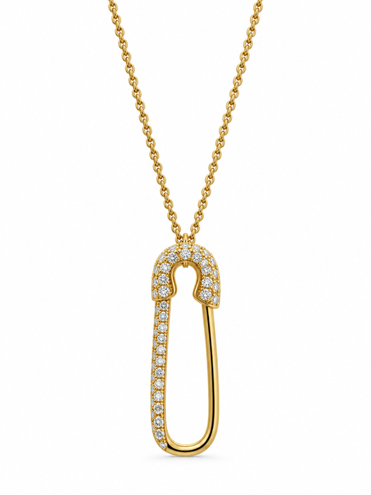 Front view of 18k Yellow Gold Diamond Safety Pin Necklace