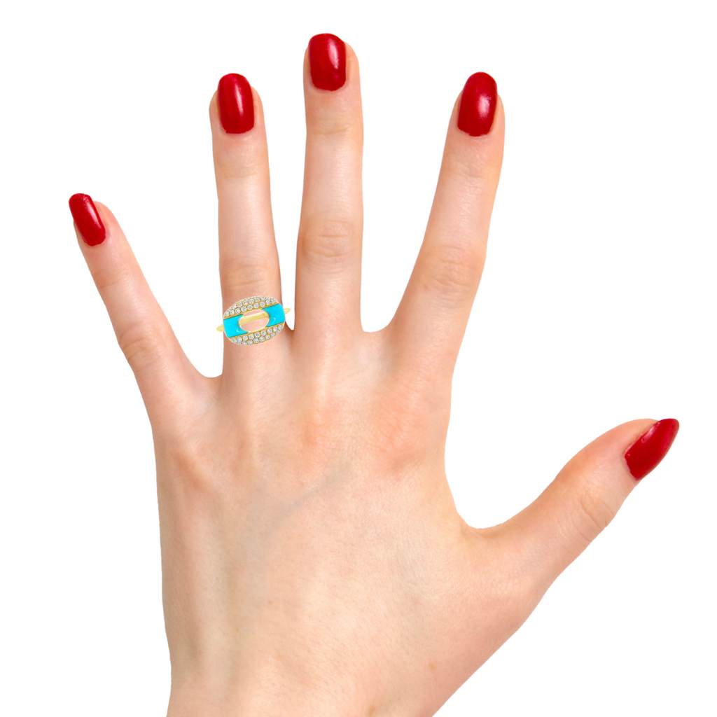 Open Turquoise Diamond Pave Ring in Yellow Gold