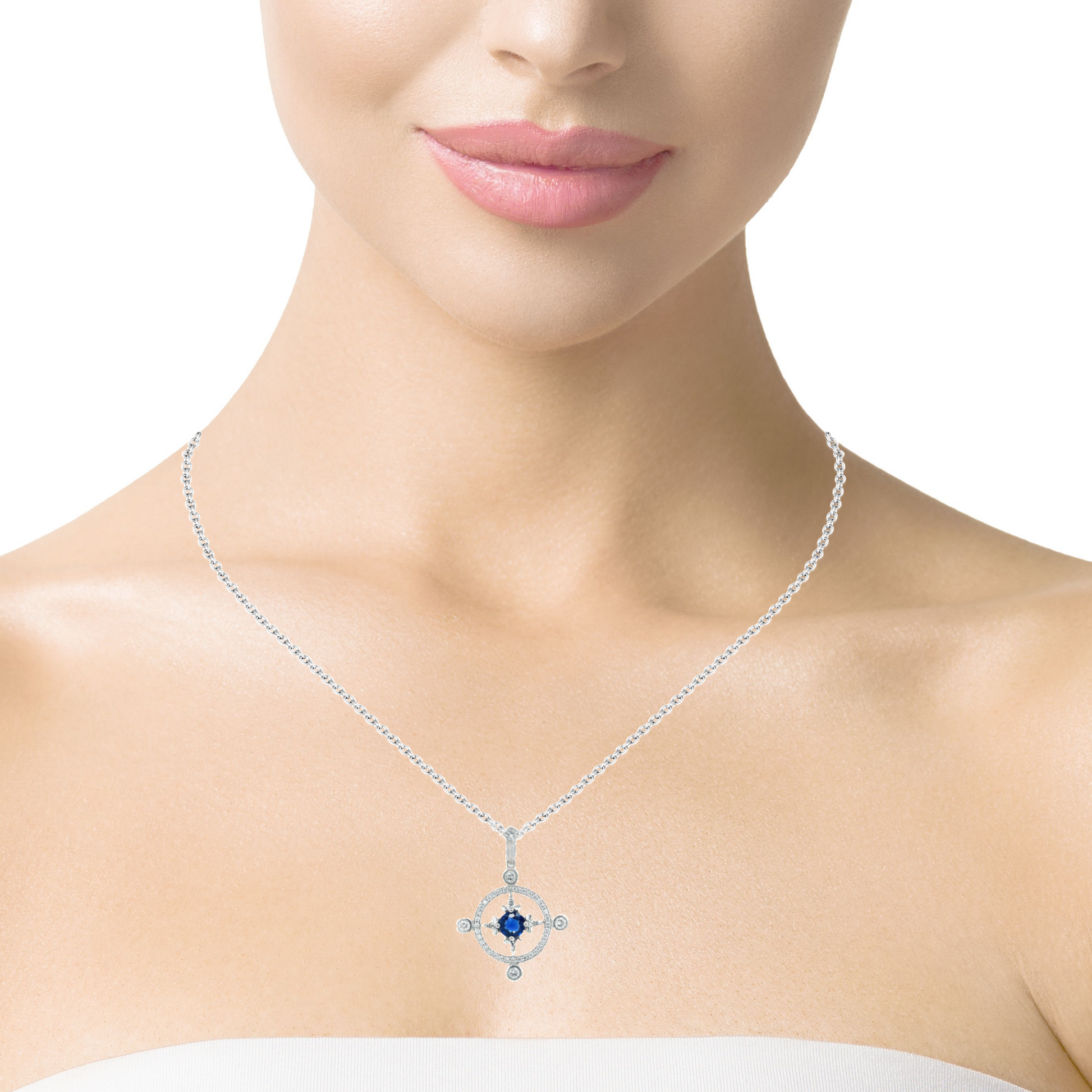 Try on view of 14k White Gold Diamond Sapphire Cardinal Point Pendant Necklace