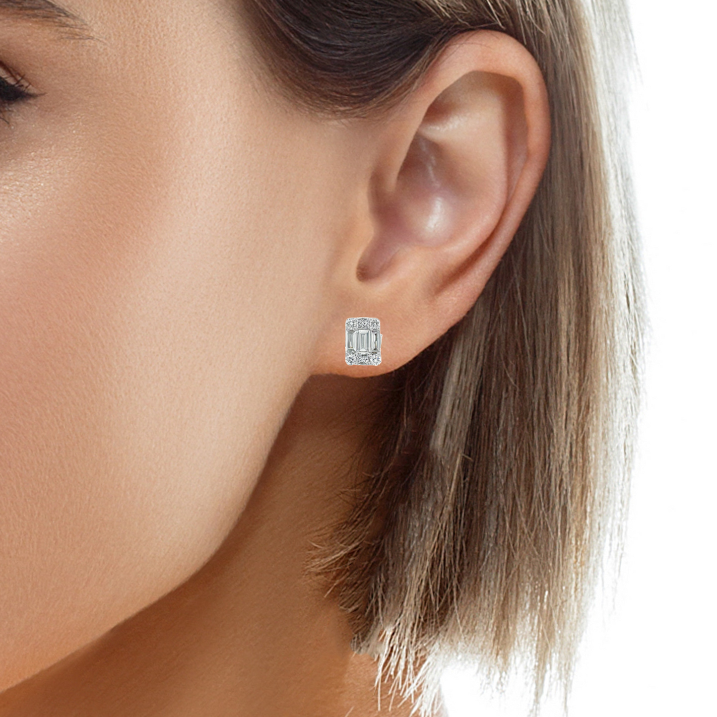 Round & Baguette Illusion Diamond Stud Earrings Try on View