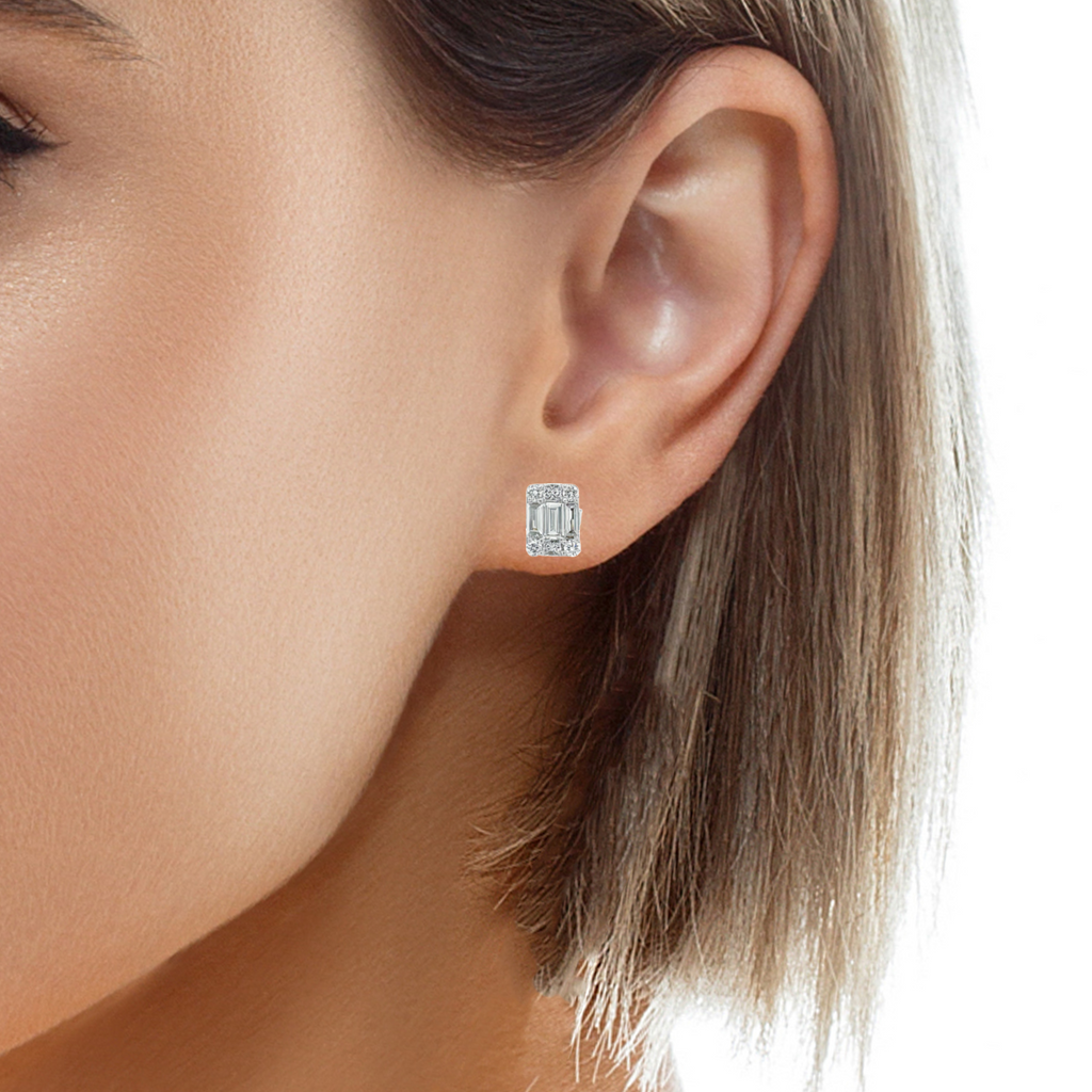 Round & Baguette Illusion Diamond Stud Earrings
