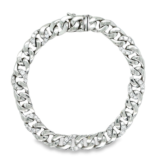Top view of 18k White Gold Alternating Diamond Chain Link Wide Bracelet