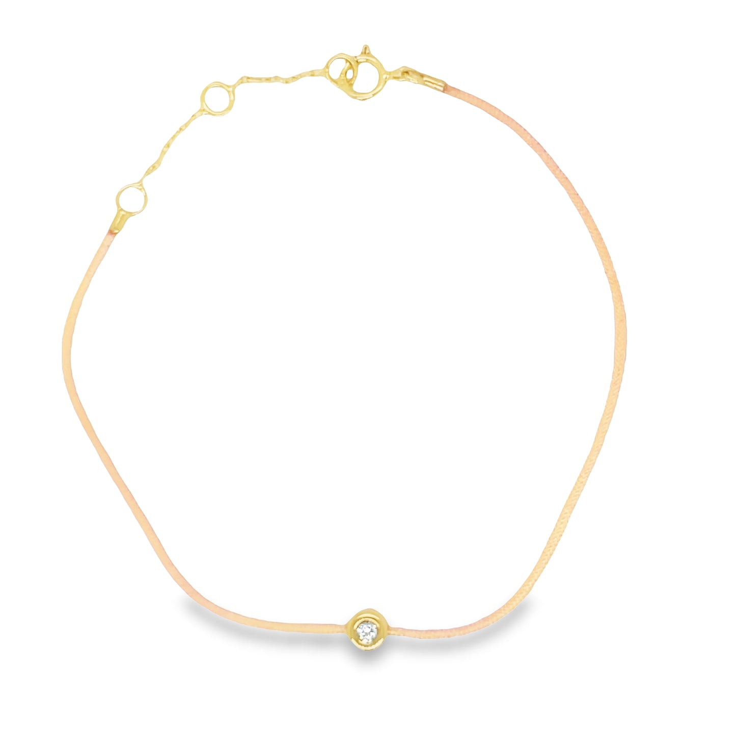Front view of fastened 18k Yellow Gold Dainty Diamond Solitaire Black Silk Bracelet