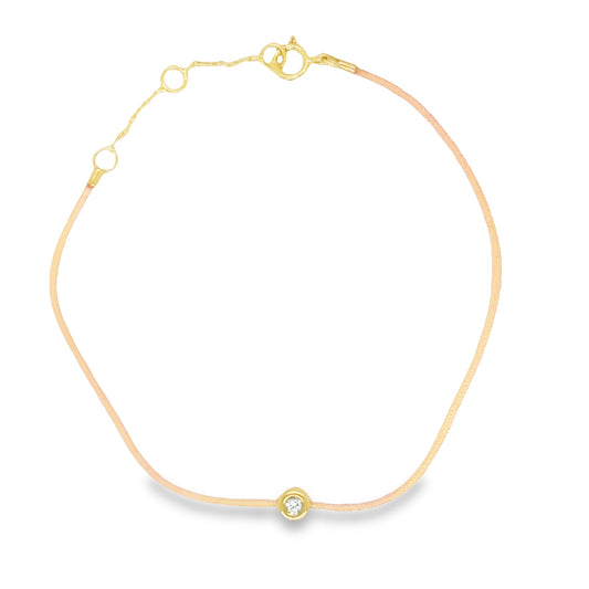 Front view of fastened 18k Yellow Gold Dainty Diamond Solitaire Black Silk Bracelet