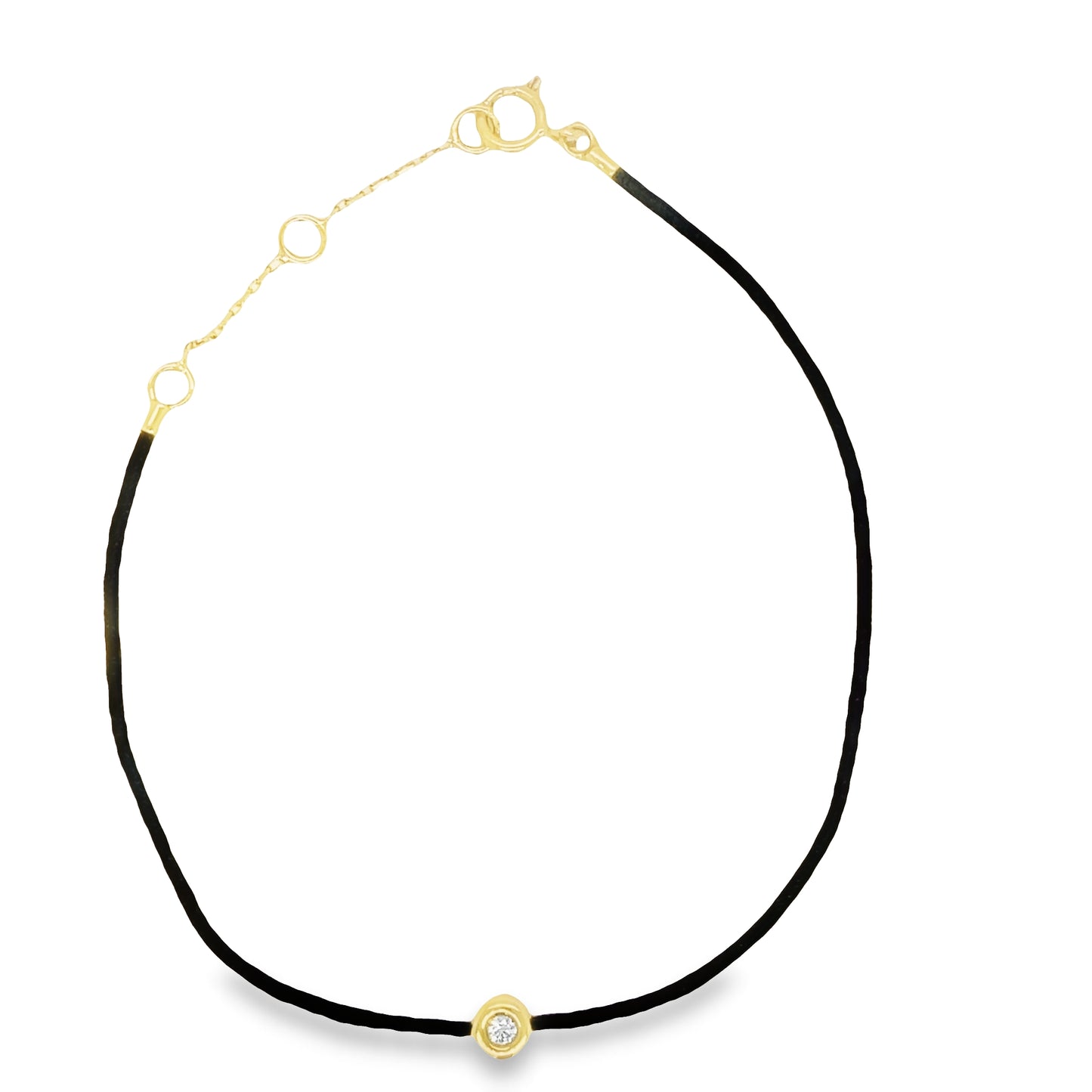 Top view of fastened 18k Yellow Gold Dainty Diamond Solitaire Black Silk Bracelet
