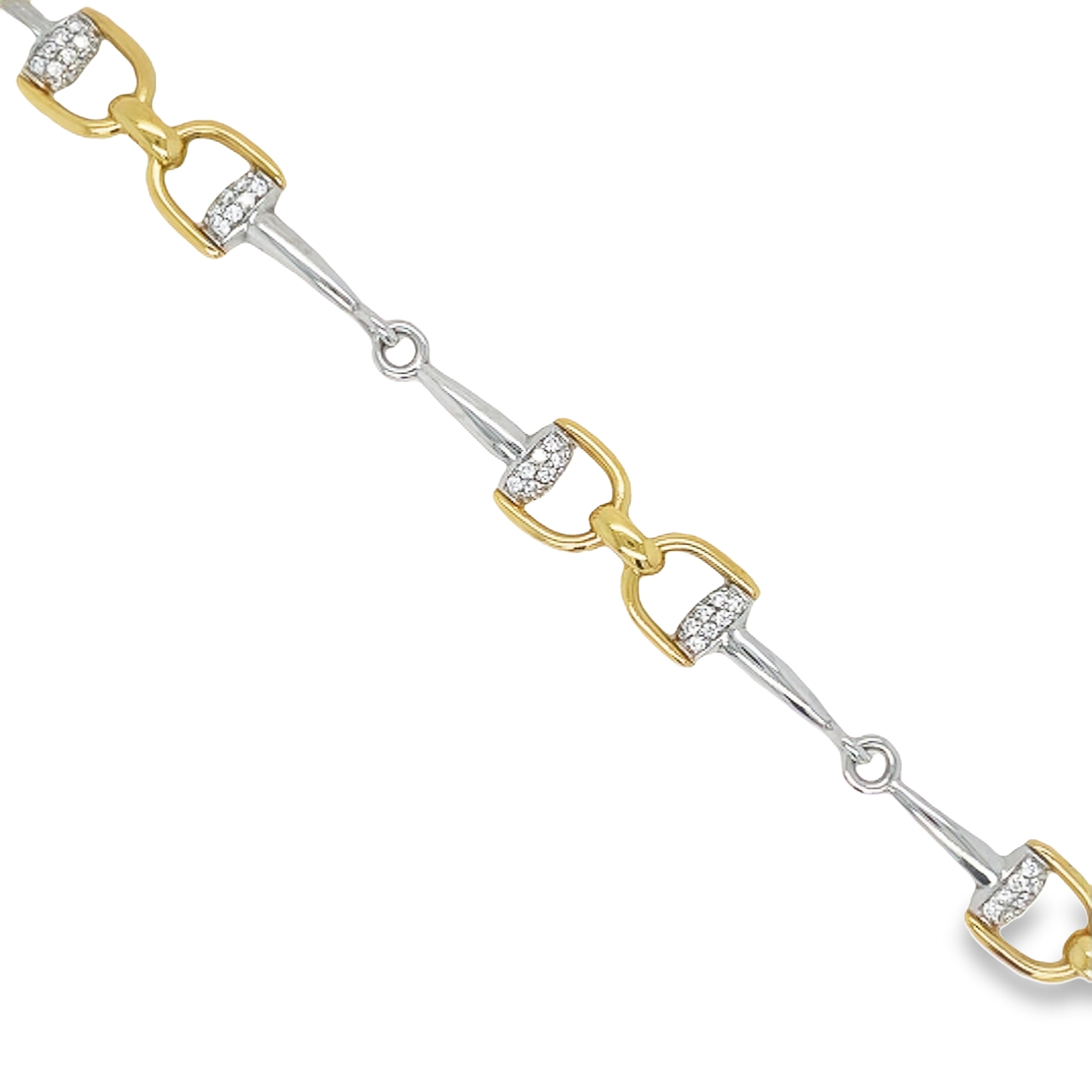 "Indulge in luxury with our 18k Italian Yellow Gold Horse Bit Link Bracelet! Made in Italy, this everyday accessory is perfect for easy stacking and adds a touch of elegance to any outfit. Set in a flawless 18k yellow gold mounting and round diamonds 1.15 cts with secure clasp. Its versatile 7-inch length with sizing loops ensures the perfect fit. Elevate your jewelry collection with this exquisite piece!"