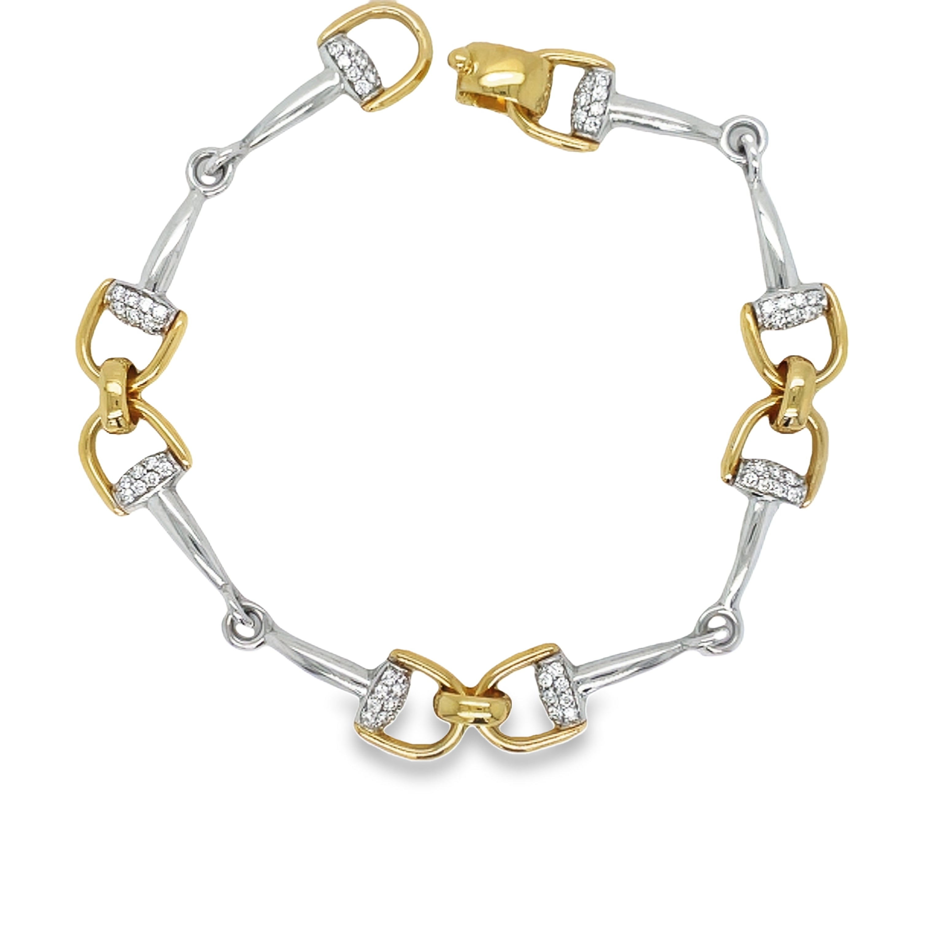 "Indulge in luxury with our 18k Italian Yellow Gold Horse Bit Link Bracelet! Made in Italy, this everyday accessory is perfect for easy stacking and adds a touch of elegance to any outfit. Set in a flawless 18k yellow gold mounting and round diamonds 1.15 cts with secure clasp. Its versatile 7-inch length with sizing loops ensures the perfect fit. Elevate your jewelry collection with this exquisite piece!"