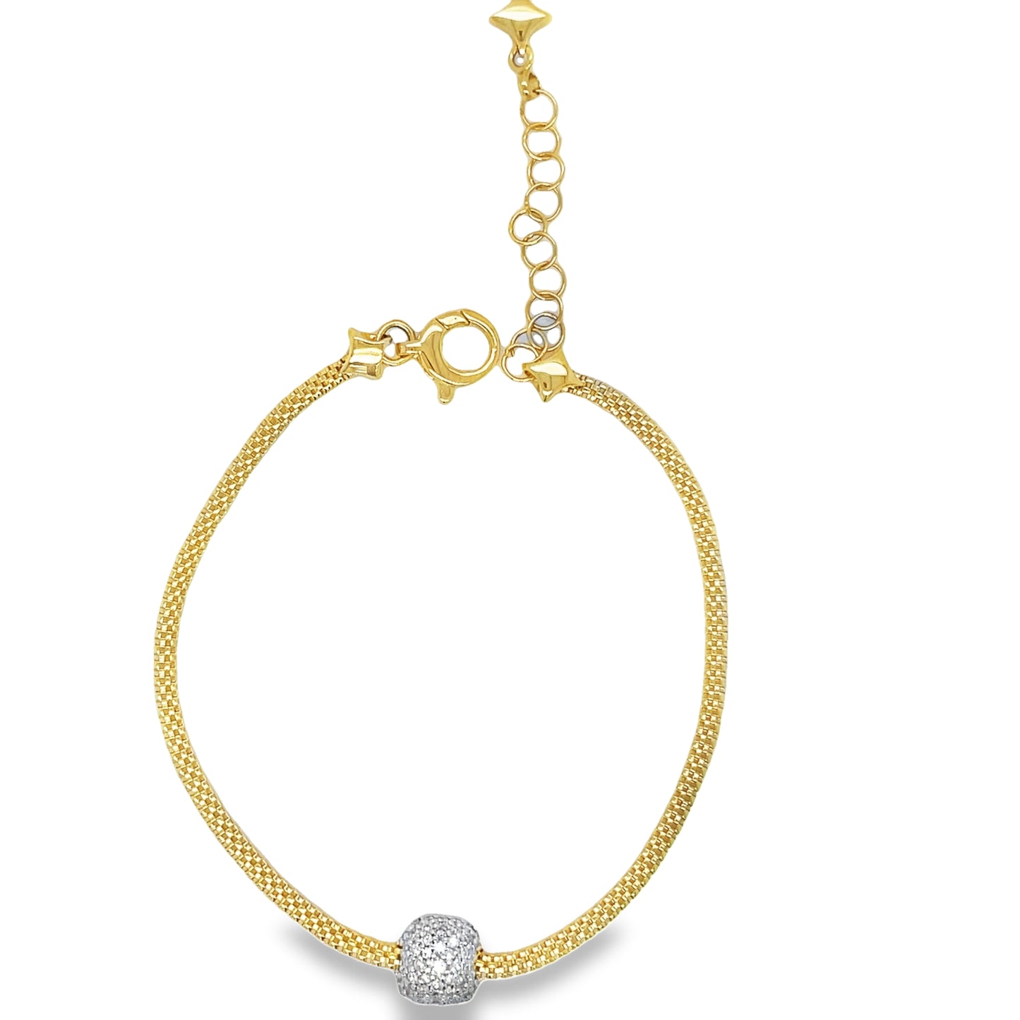 18k Italian Yellow Gold Mesh Style Diamond Pave Solitaire Bracelet Top view clasp fastened
