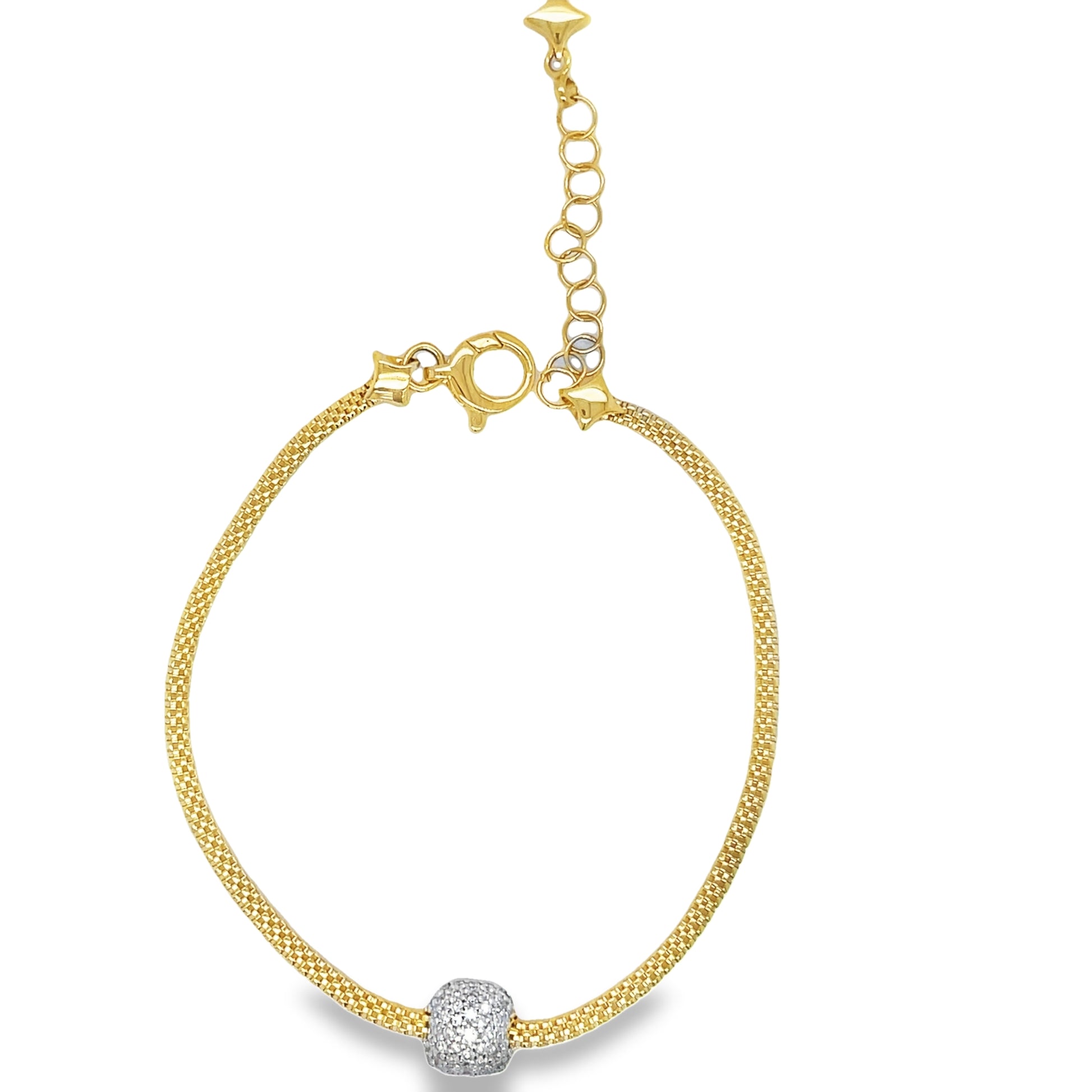 18k Italian Yellow Gold Mesh Style Diamond Pave Solitaire Bracelet Top view clasp fastened