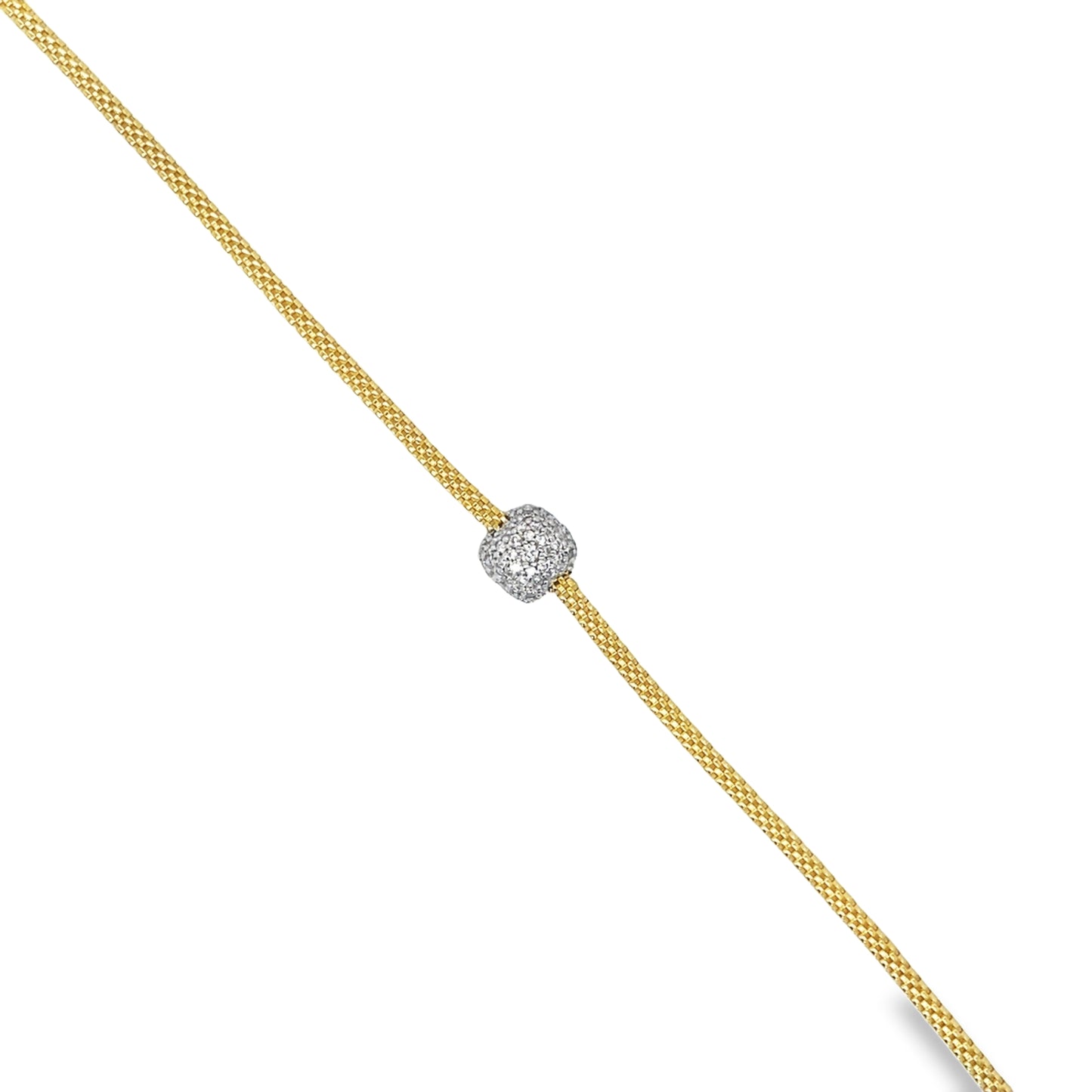 18k Italian Yellow Gold Mesh Style Diamond Pave Solitaire Bracelet Top view 