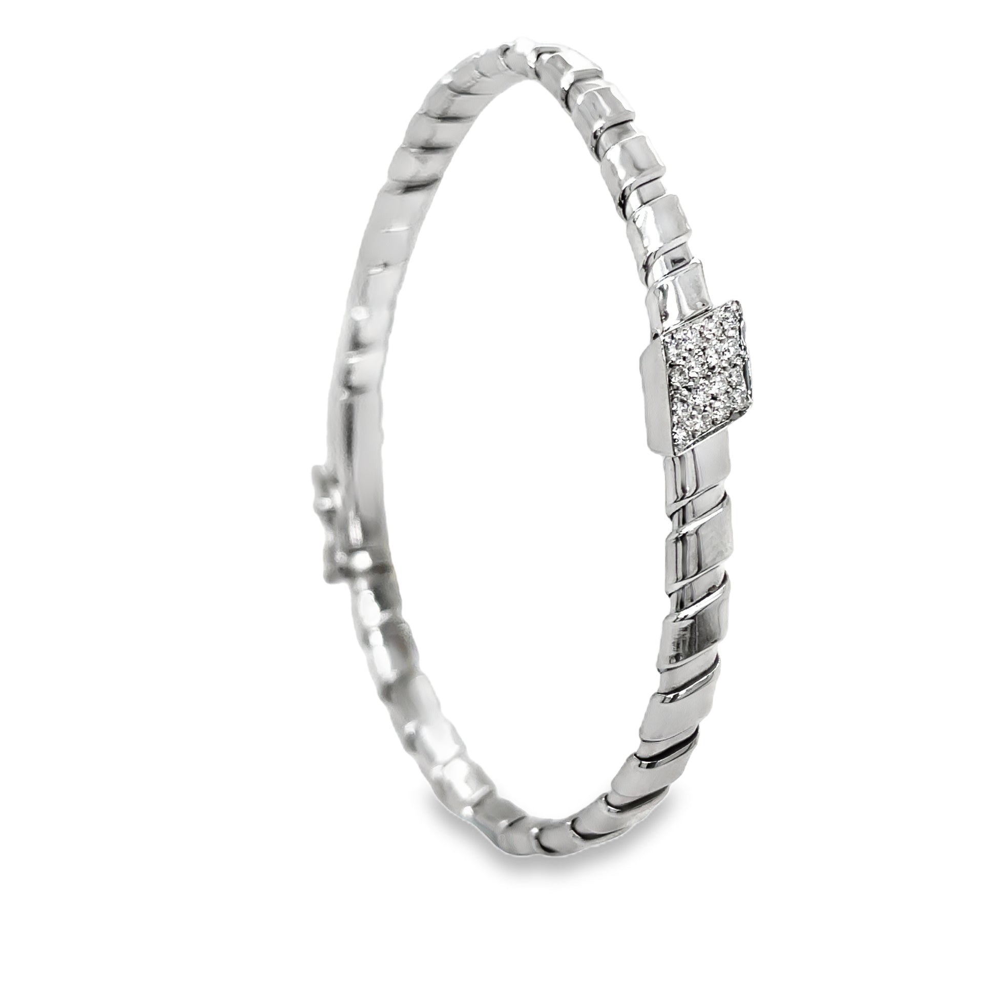 Italian Two Tone Diamond Flexible Ridged White Gold Bangle Bracelet Side view 